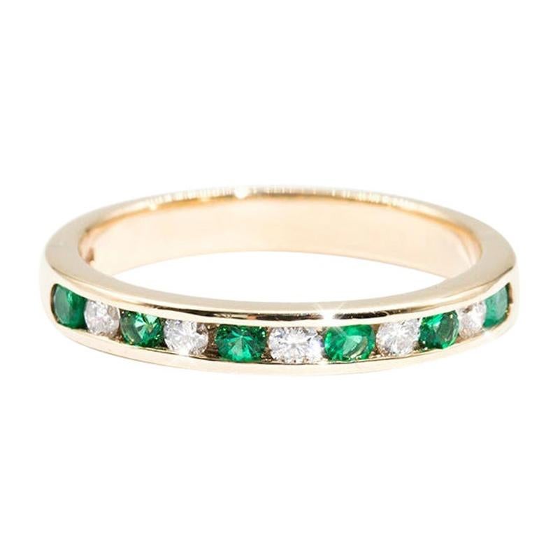 9 Carat Yellow Gold Round Green Emerald and Diamond Vintage Eternity Band Ring