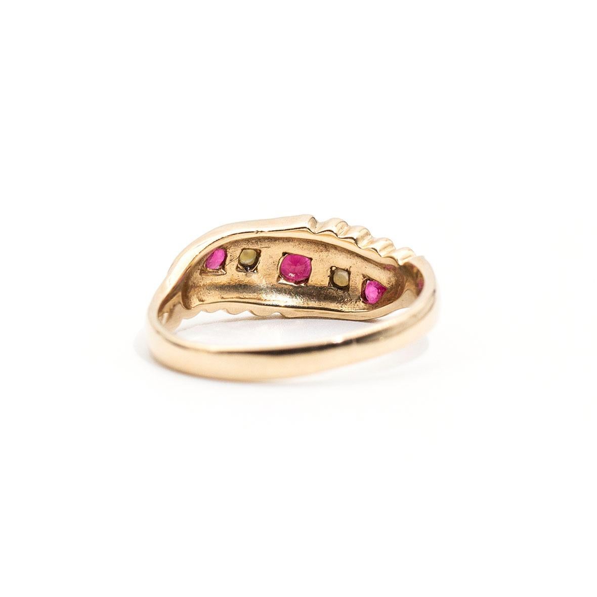 Round Cut 9 Carat Yellow Gold Round Red Ruby and Pearl Vintage Flat Band Ring