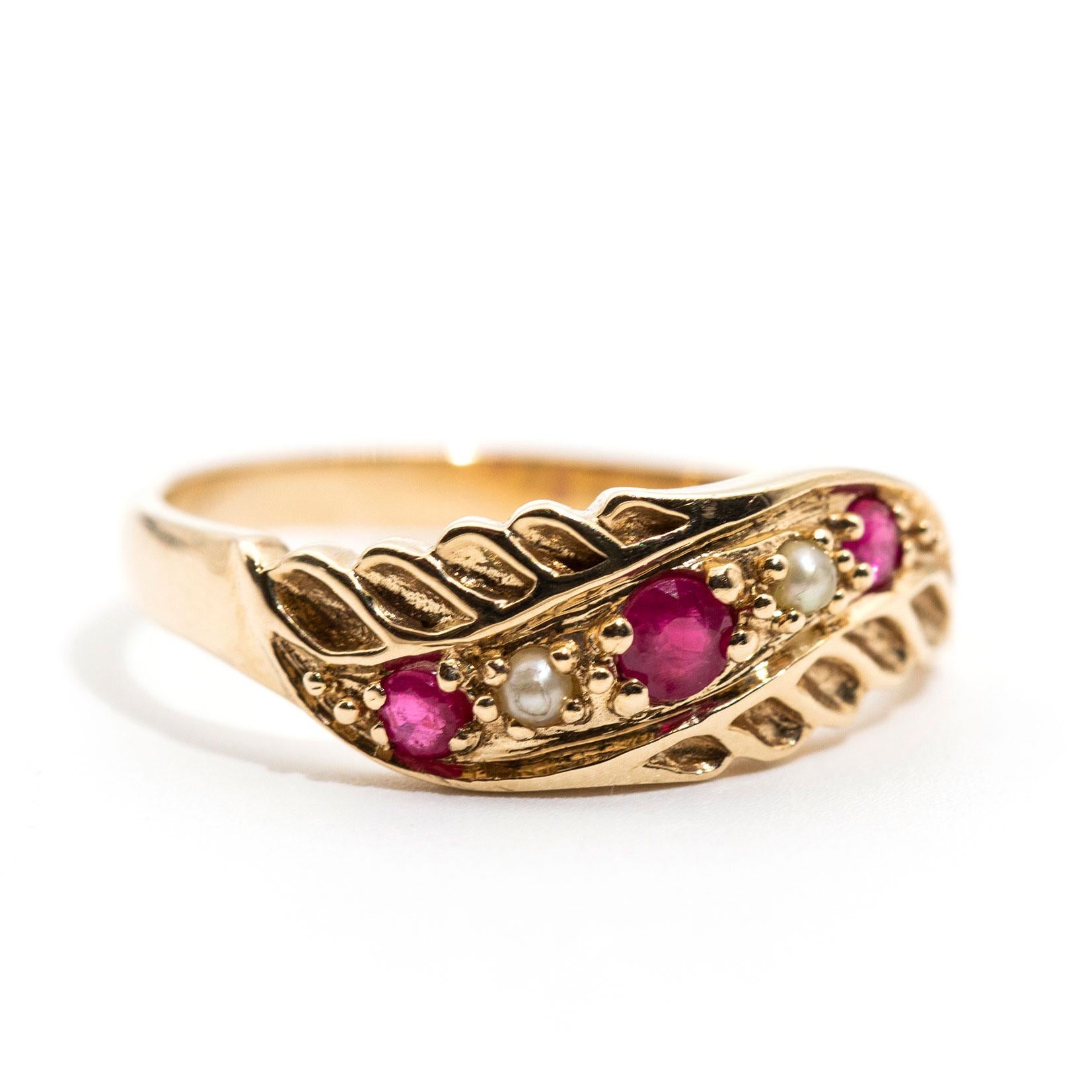 Women's 9 Carat Yellow Gold Round Red Ruby and Pearl Vintage Flat Band Ring