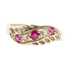 9 Carat Yellow Gold Round Red Ruby and Pearl Vintage Flat Band Ring