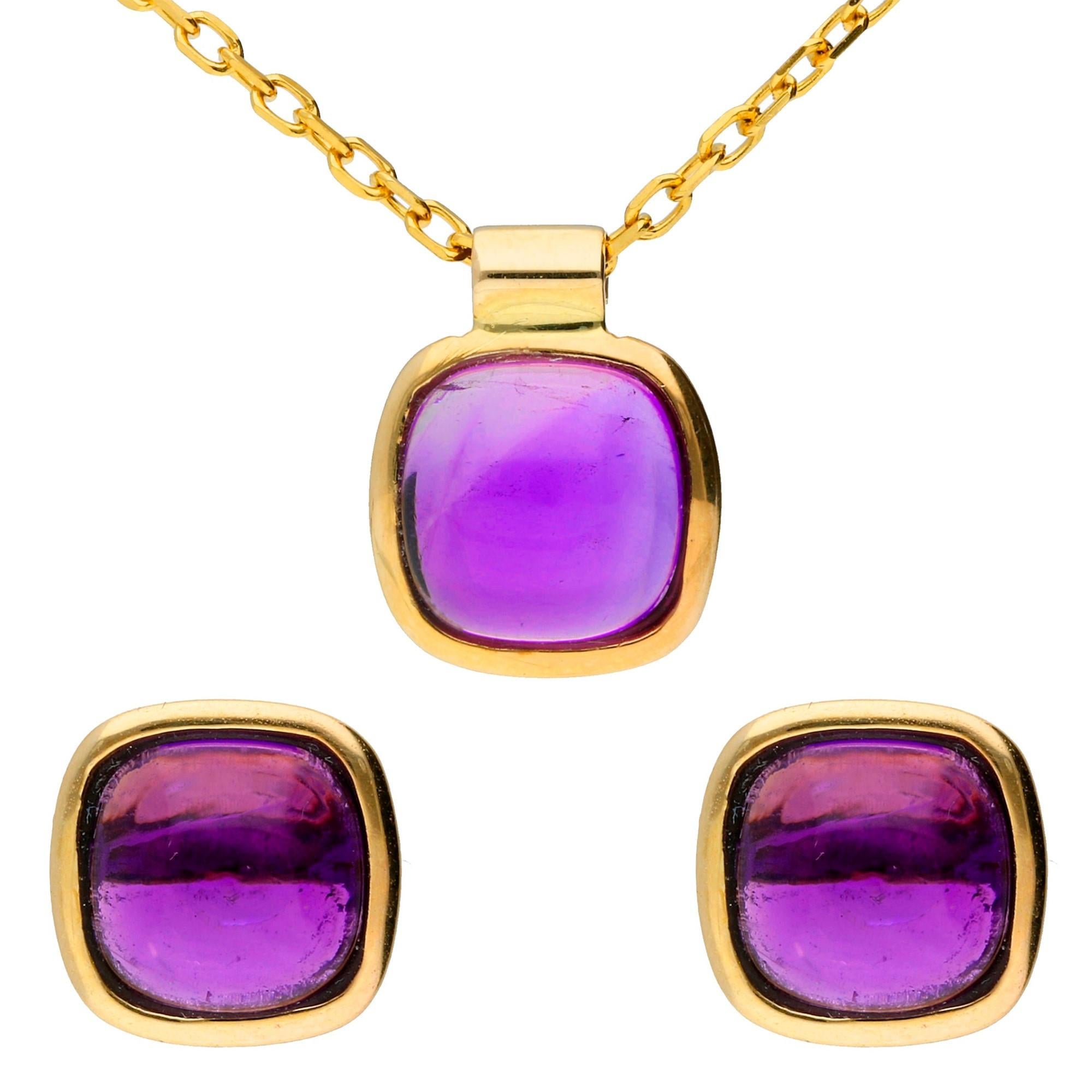 9 Carat Yellow Gold Rub-Over Amethyst Earrings and Pendant Set For Sale