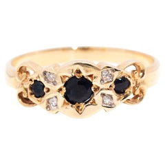 9 Carat Yellow Gold Star Set Dark Blue Sapphire and Diamond Vintage Ring