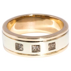 9 Carat Yellow Gold Three Stone Princess Cut Diamond Vintage Mens Band Ring
