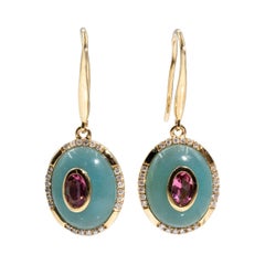 9 Carat Yellow Gold Tourmaline Diamond and Chalcedony Vintage Drop Earrings
