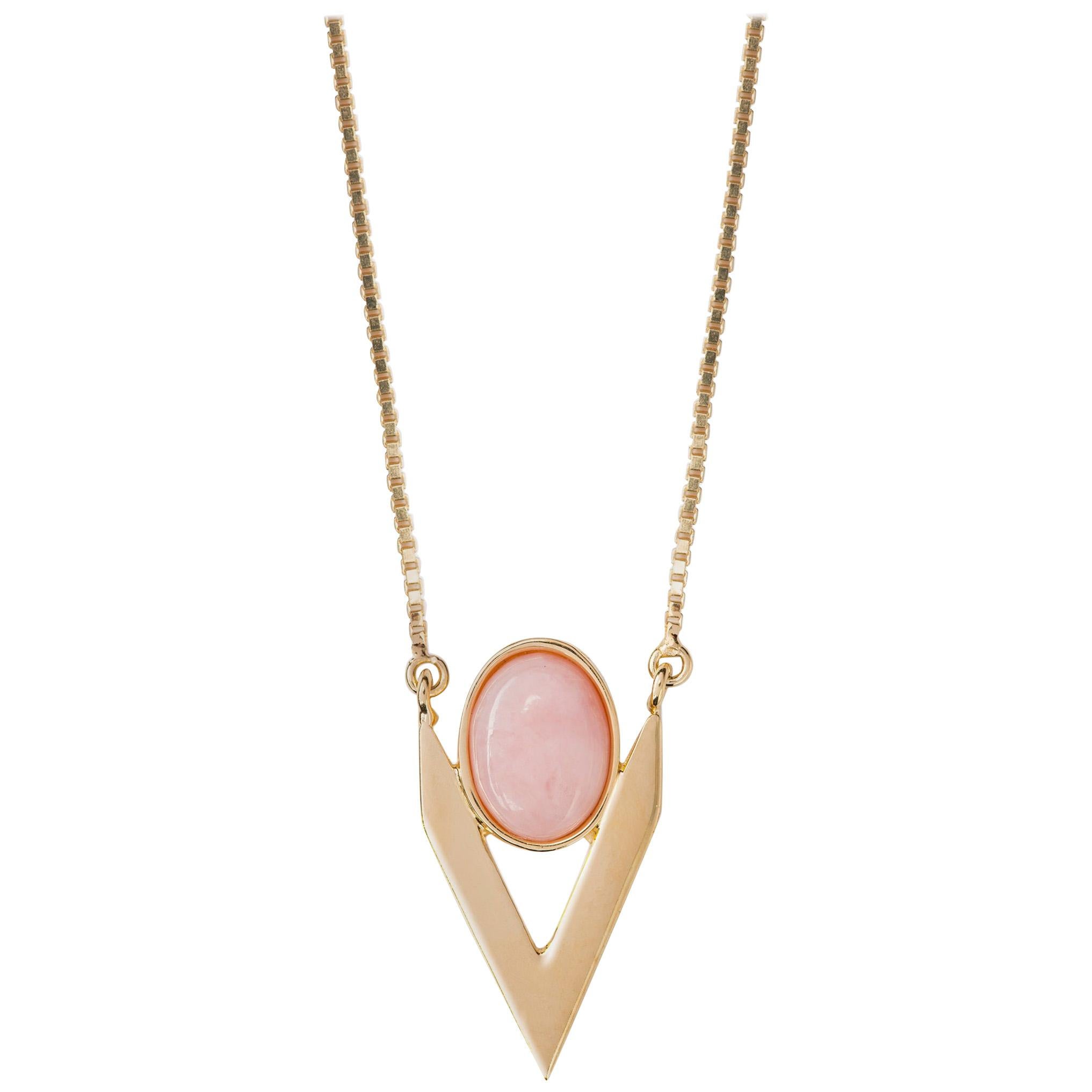 9 Carat Yellow Gold V Pink Opal Central Cabochon Necklace from Iosselliani For Sale
