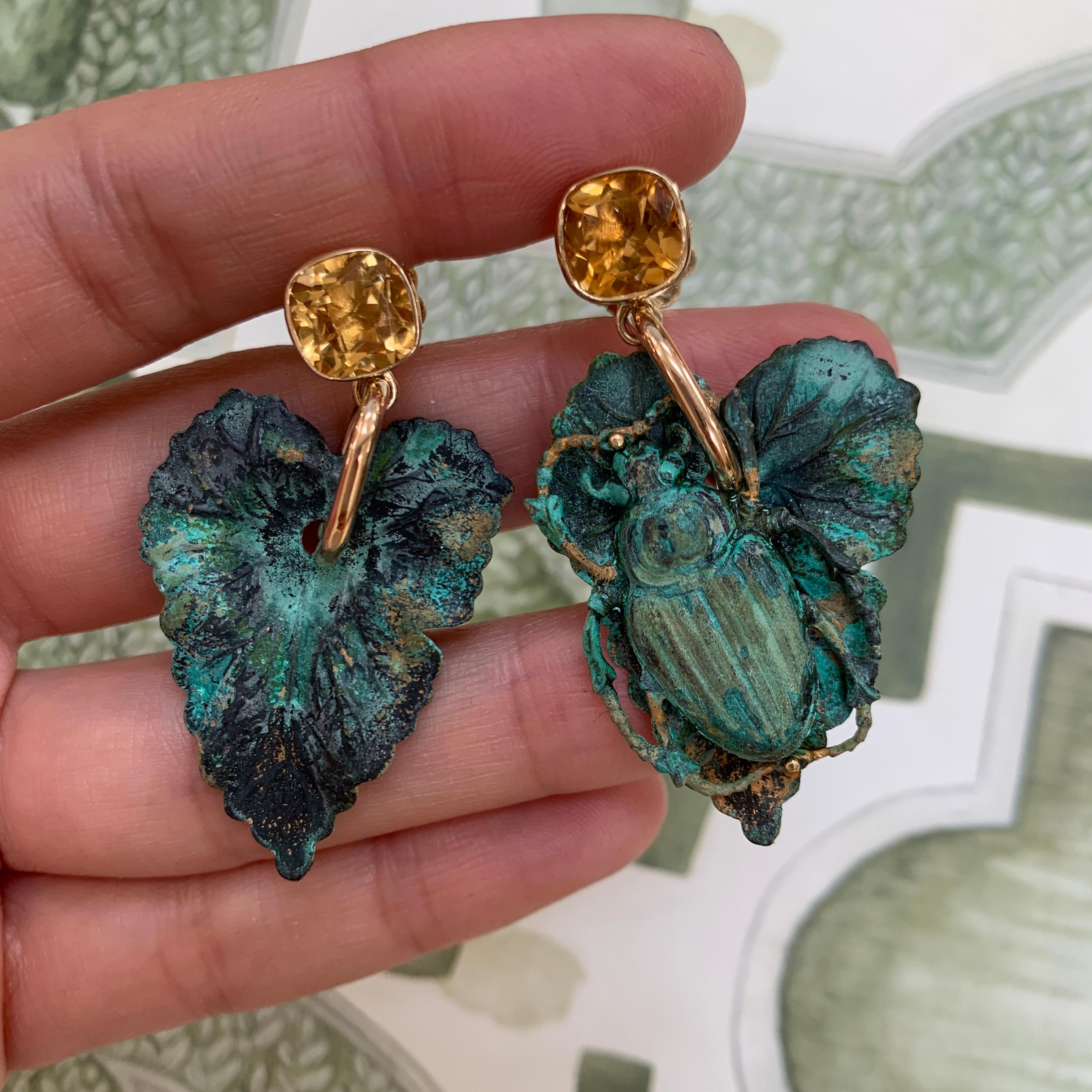9 Carat Yellow Gold, Verdigris Brass and Citrine Leaf Insect Earrings In New Condition For Sale In London, GB