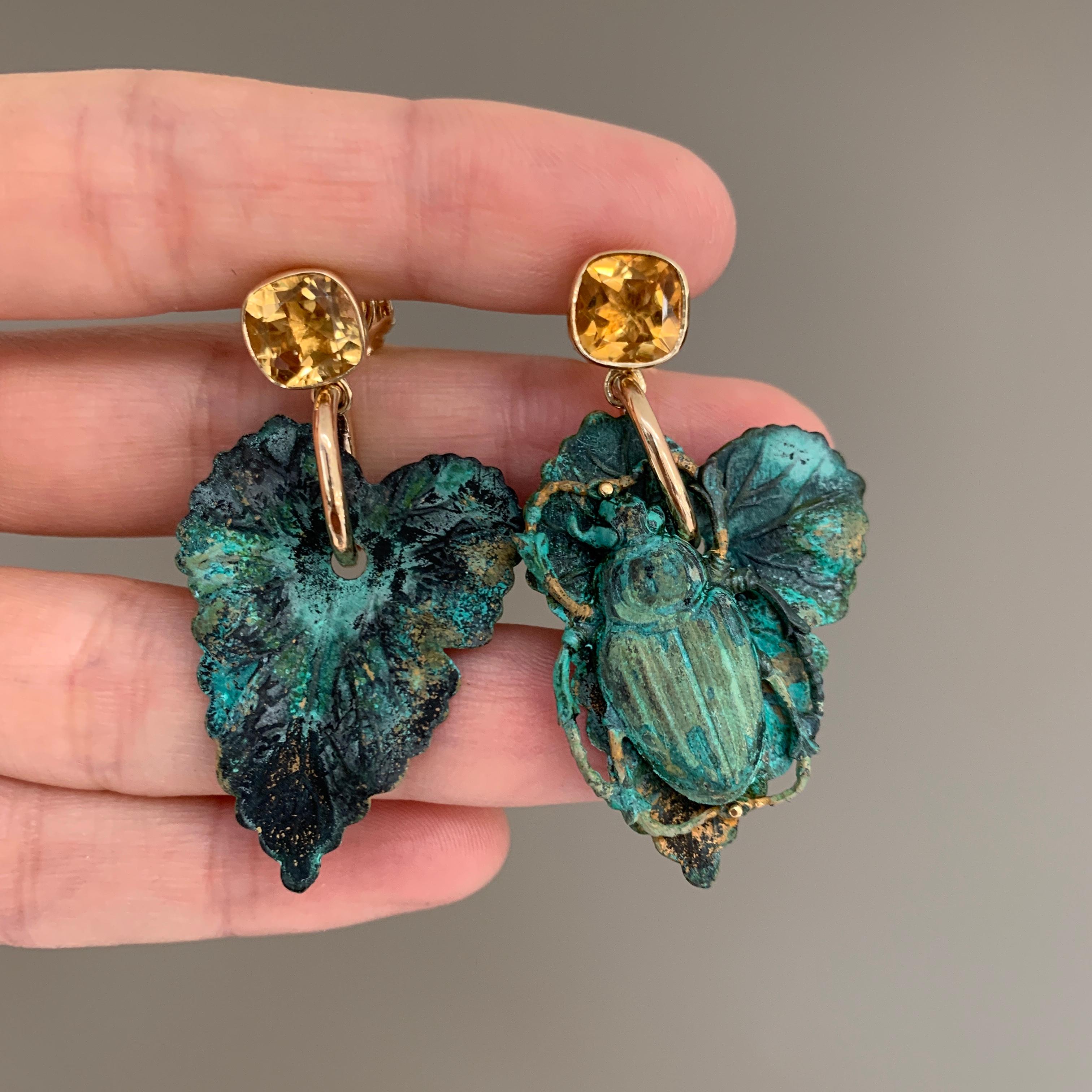 9 Carat Yellow Gold, Verdigris Brass and Citrine Leaf Insect Earrings For Sale 1