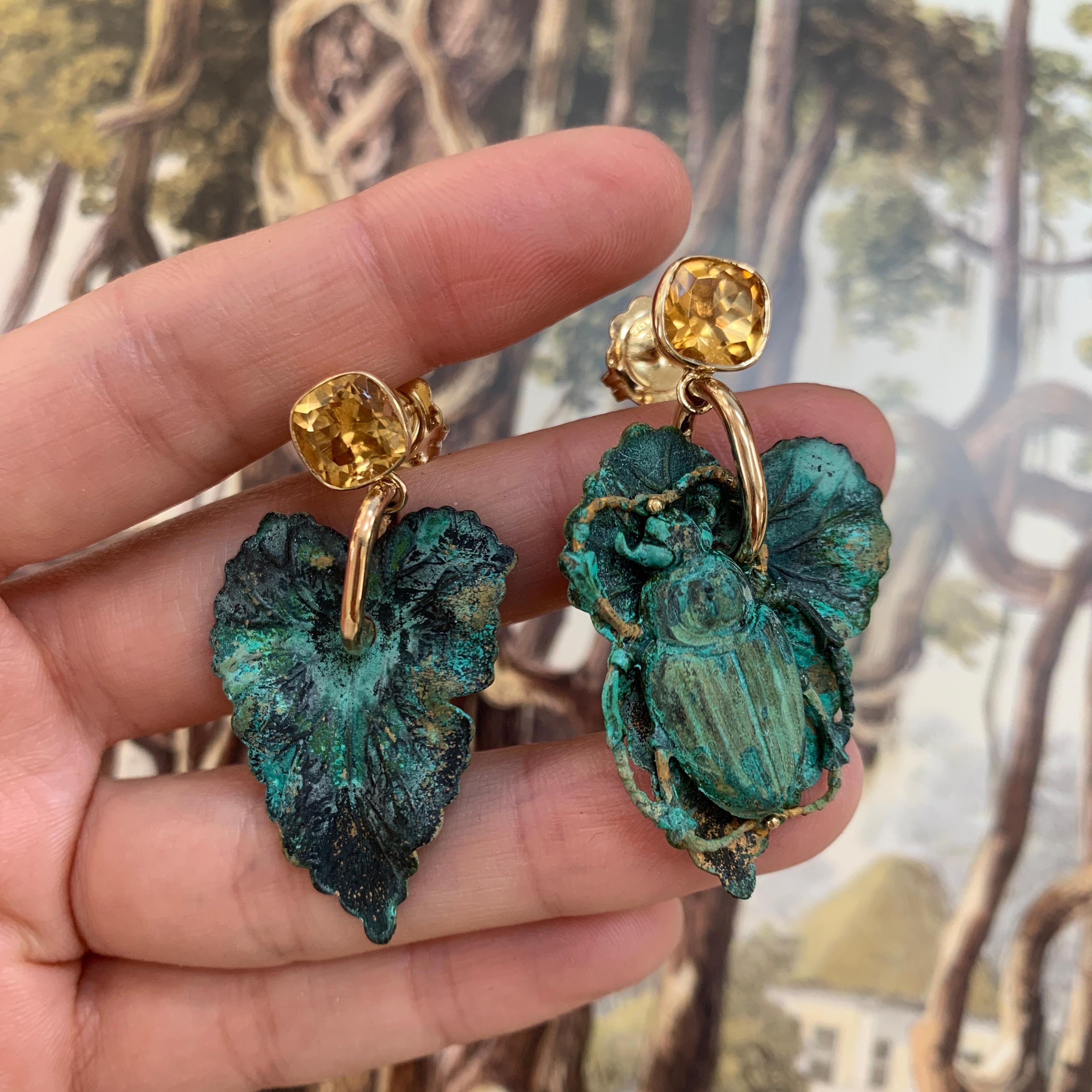 9 Carat Yellow Gold, Verdigris Brass and Citrine Leaf Insect Earrings For Sale 2