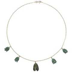 9ct Yellow Gold, Verdigris Brass and Sterling Silver Flower Bud Necklace