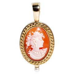 9 Carat Yellow Gold Vintage Cameo and Pearl Pendant with Enhancer