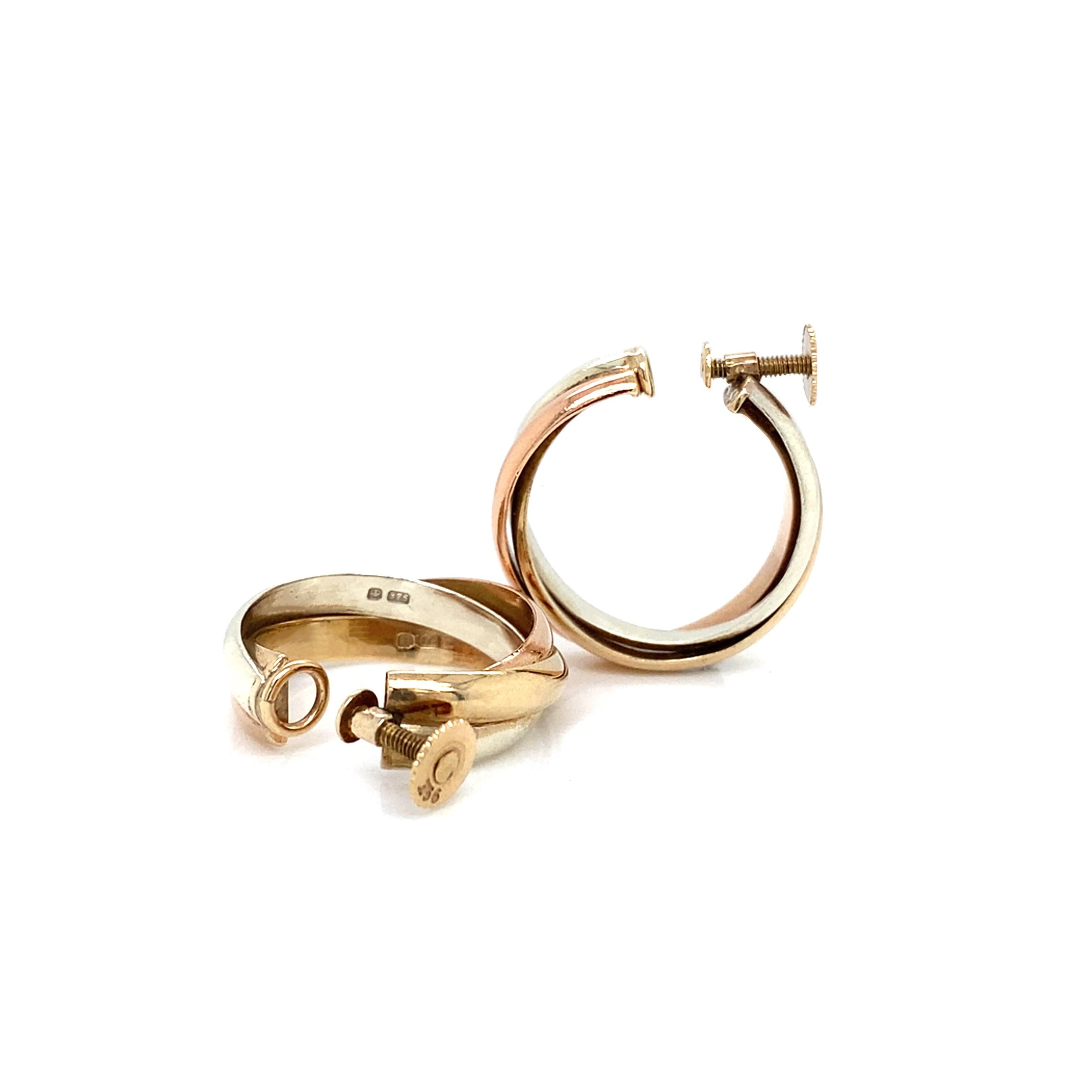 These gorgeous 9 carat yellow, rose and white gold trinity screw-back style hoops are the perfect earrings for every occasion.

A beautiful earring offering for those with unpierced ears, these vintage hoops share the timeless design of Russian