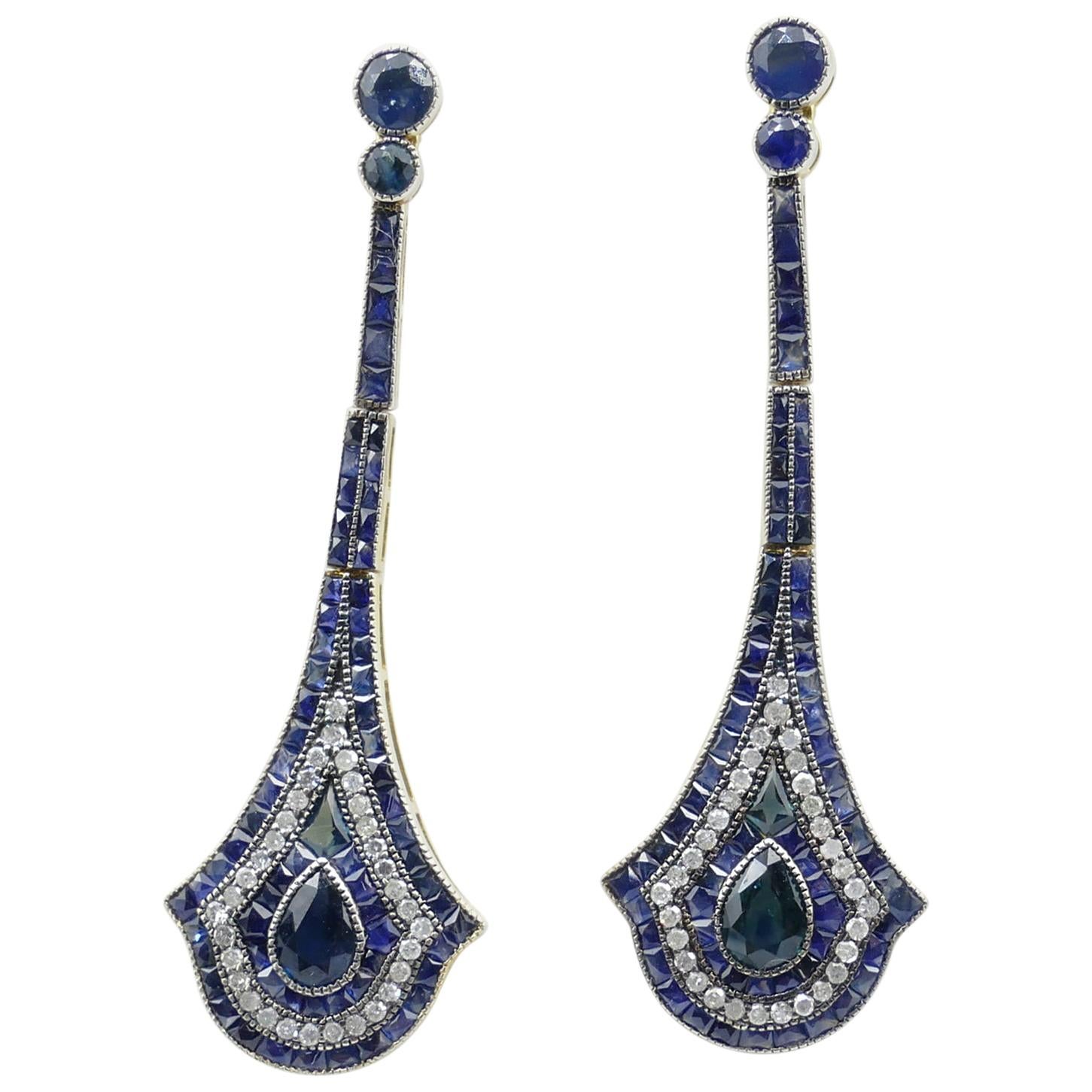 9 Carat Yellow/White Gold and Sterling Silver Sapphire and Diamond Earrings For Sale