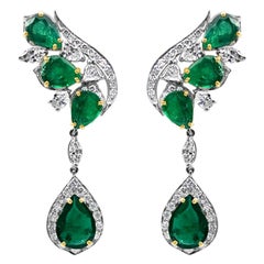 9 Carat Natural Deep Green Emerald and Diamond Leaf Earrings 18 Karat White Gold