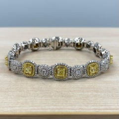 9 Carats Yellow Cushion Cut and White Diamond Tennis Bracelet 14K Gold