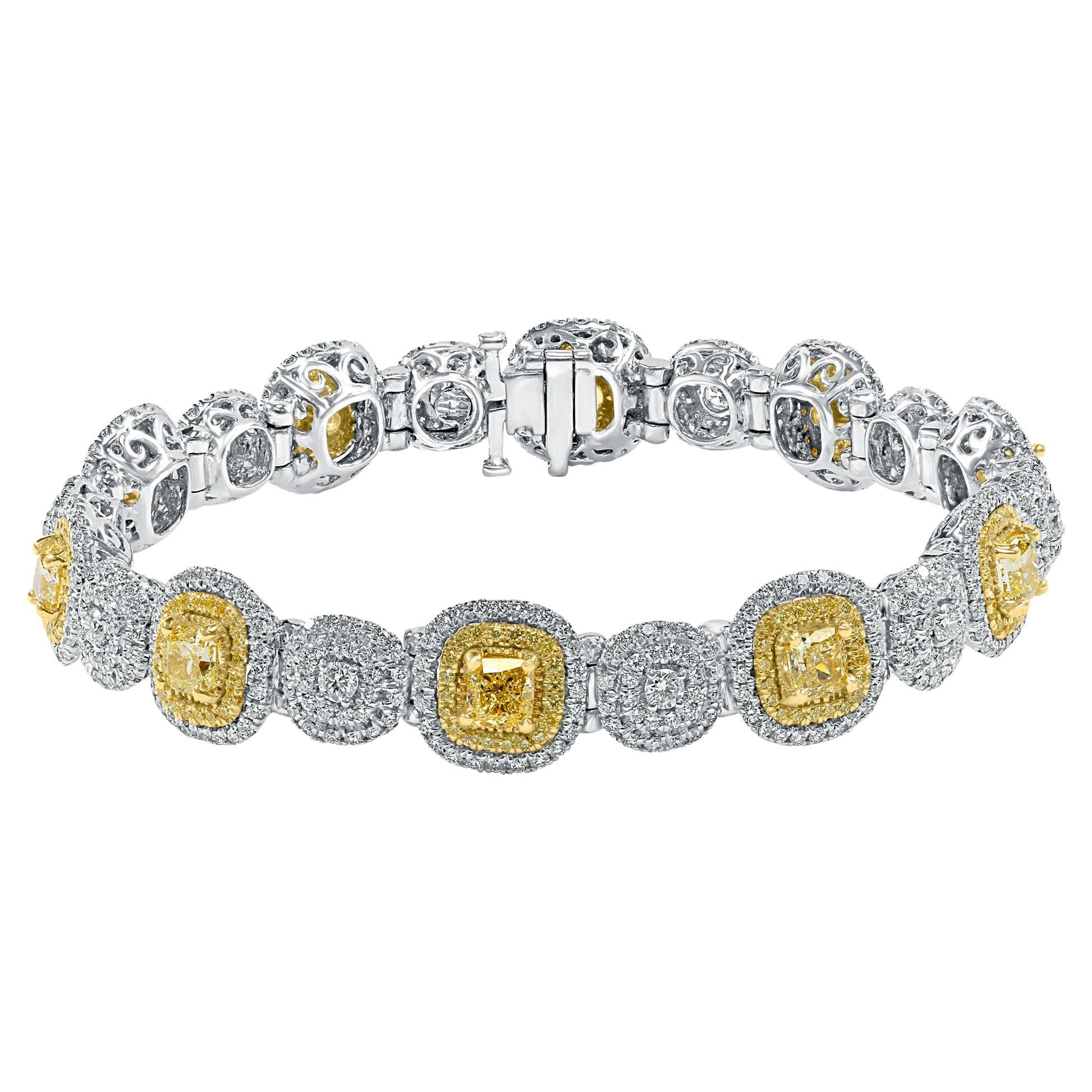 9 Carats Yellow Cushion Cut and White Diamond Tennis Bracelet 14K Gold For Sale