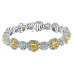 9 Carats Yellow Cushion Cut and White Diamond Tennis Bracelet 14K Gold