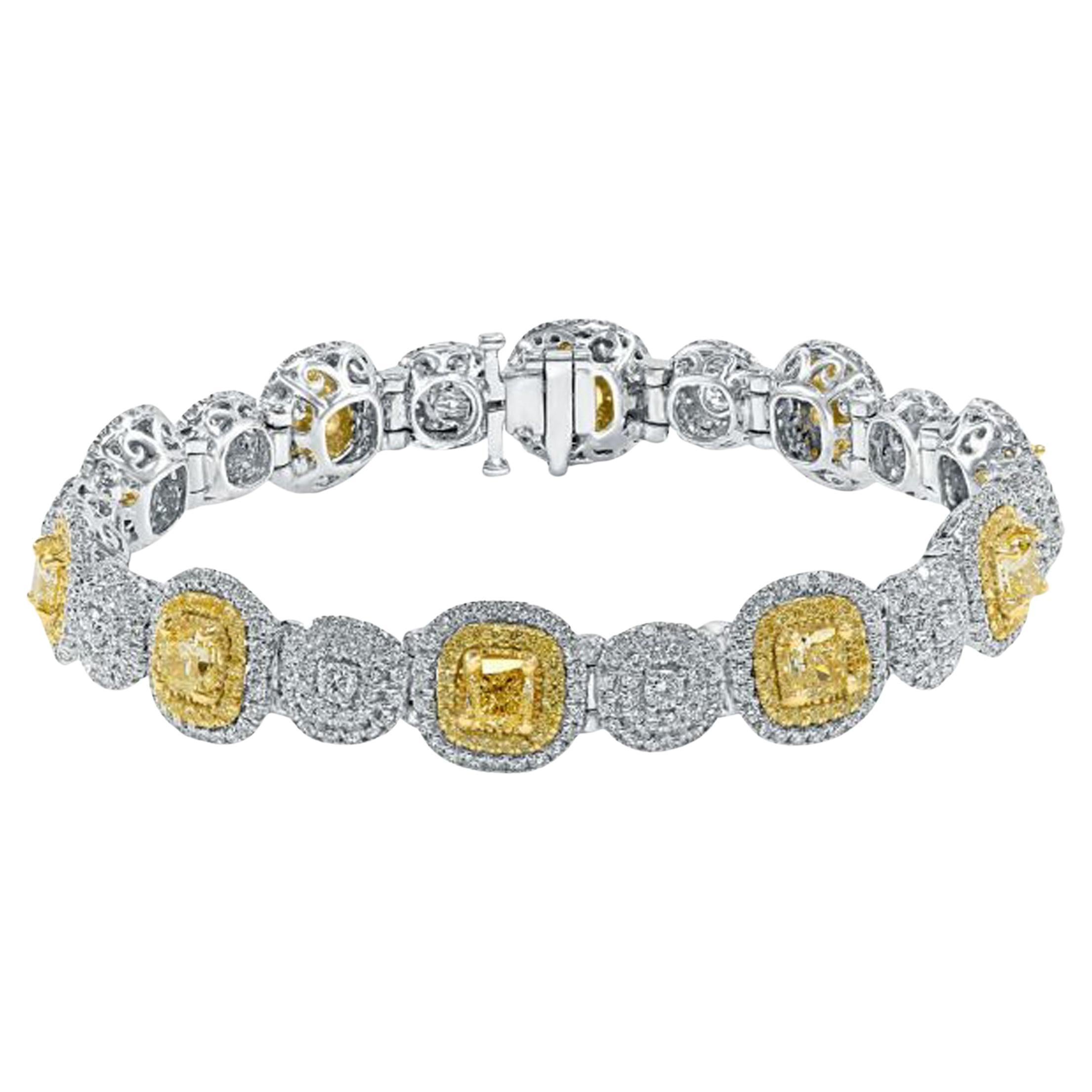 Pulsera de tenis de oro de 14 quilates con diamantes blancos y talla cojín amarillo de 9 quilates