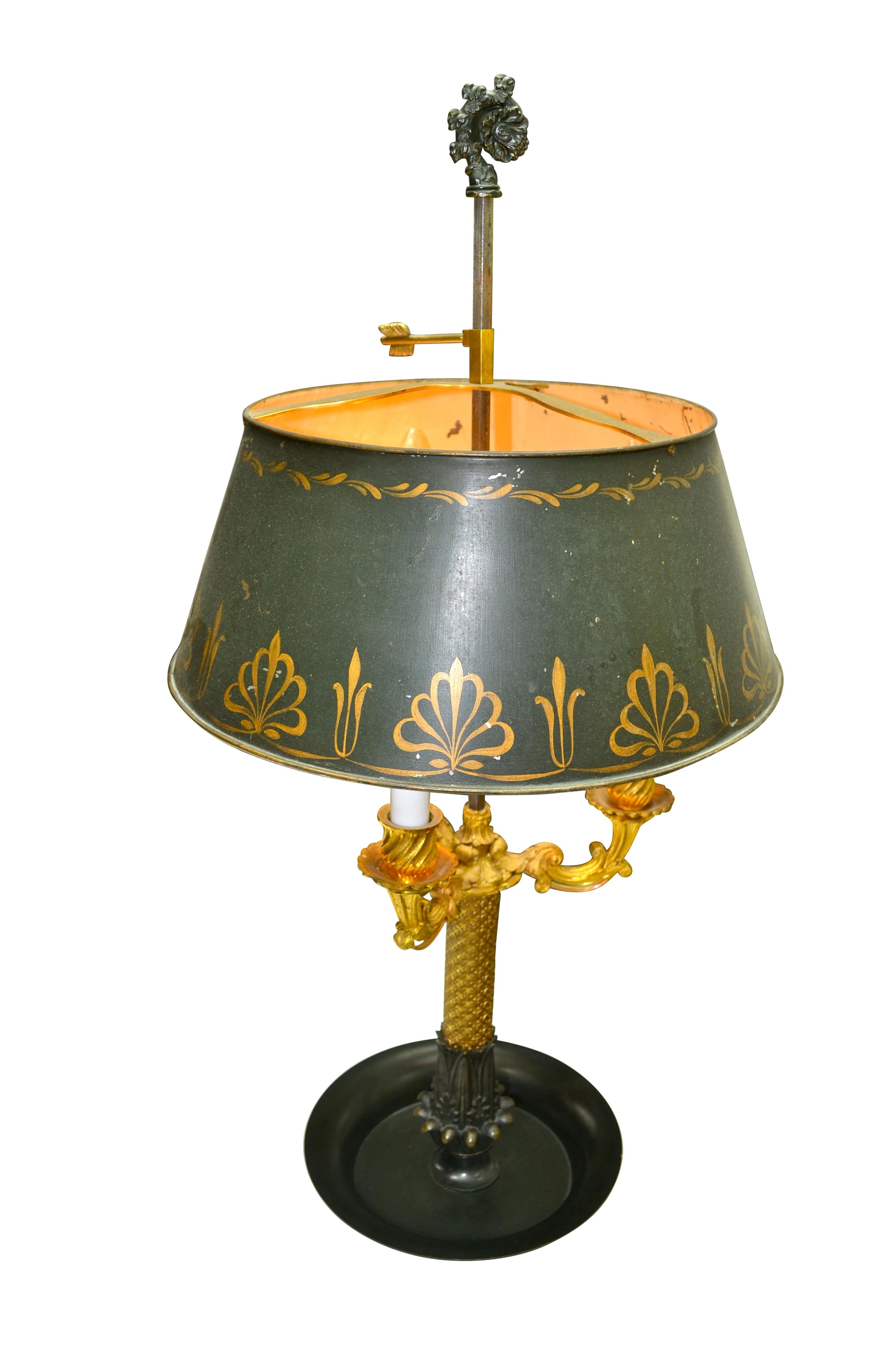 Gilt 19th Century French Empire Bouillotte Tole Shaded Lamp