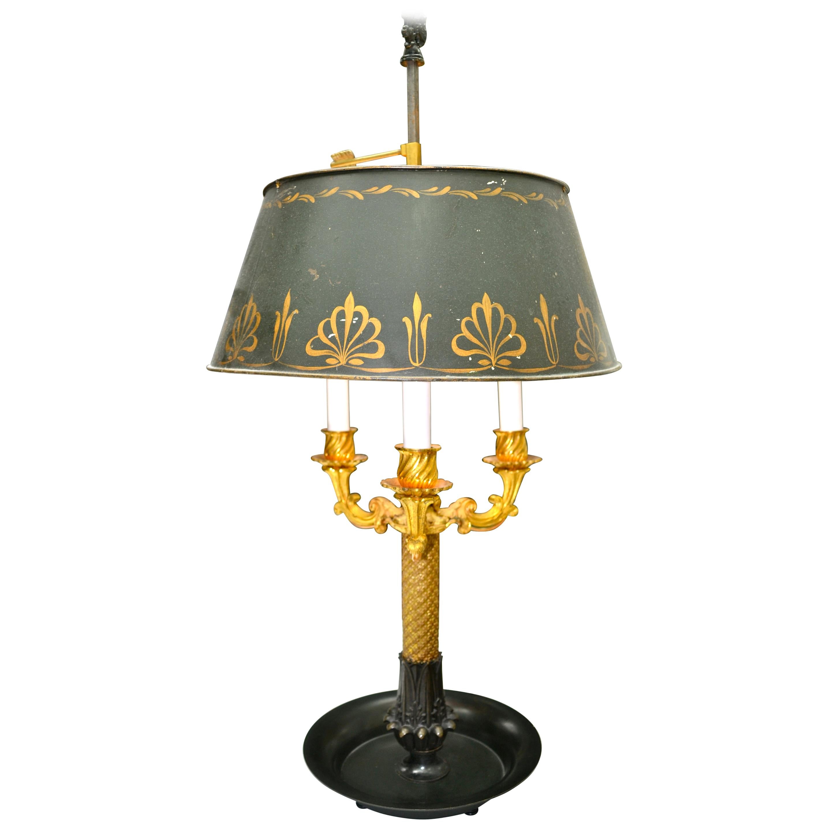 19th Century French Empire Bouillotte Tole Shaded Lamp