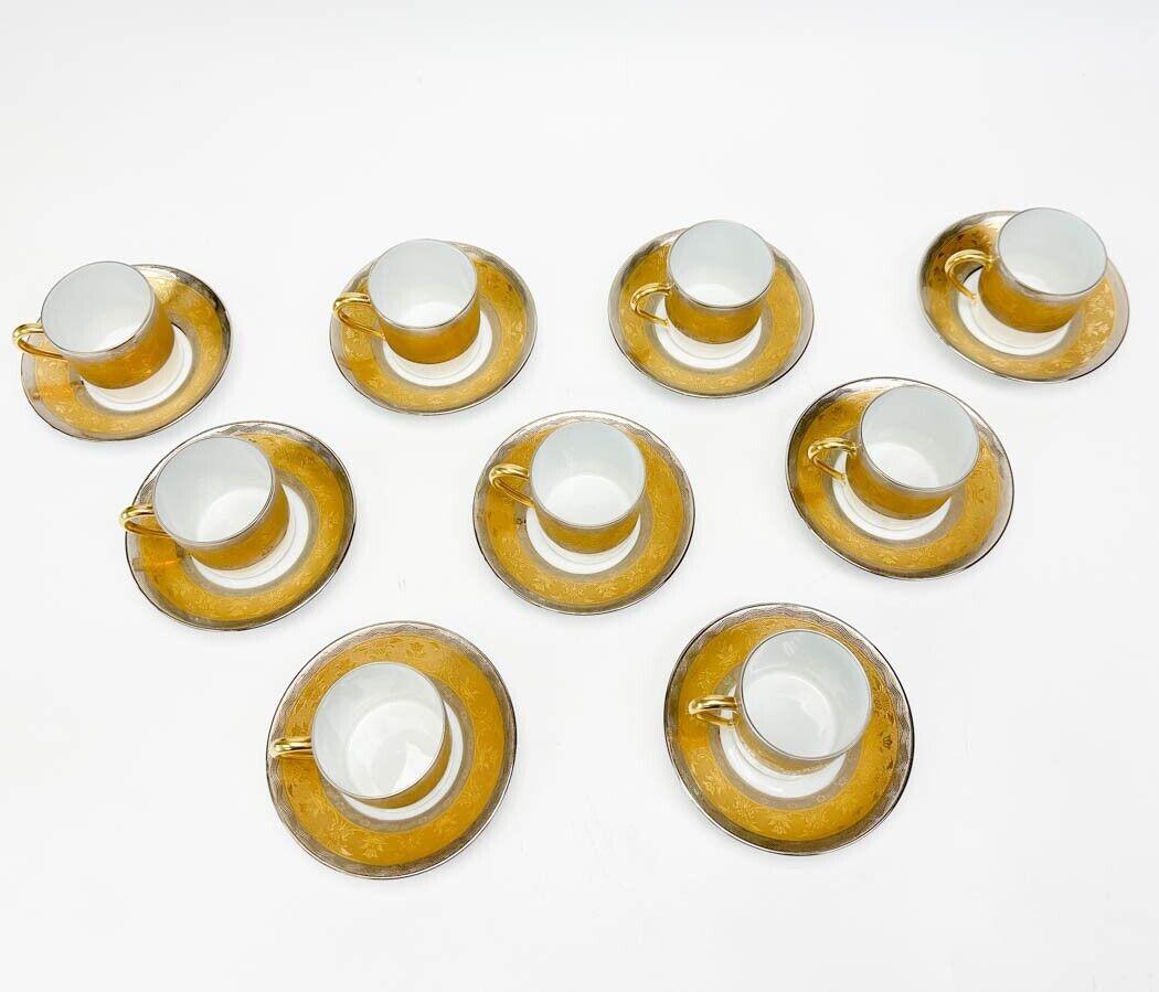  9 Christofle Frankreich La Paiva Demitasse-Tasse und Untertassen aus vergoldetem und vergoldetem Porzellan aus Platin (20. Jahrhundert)