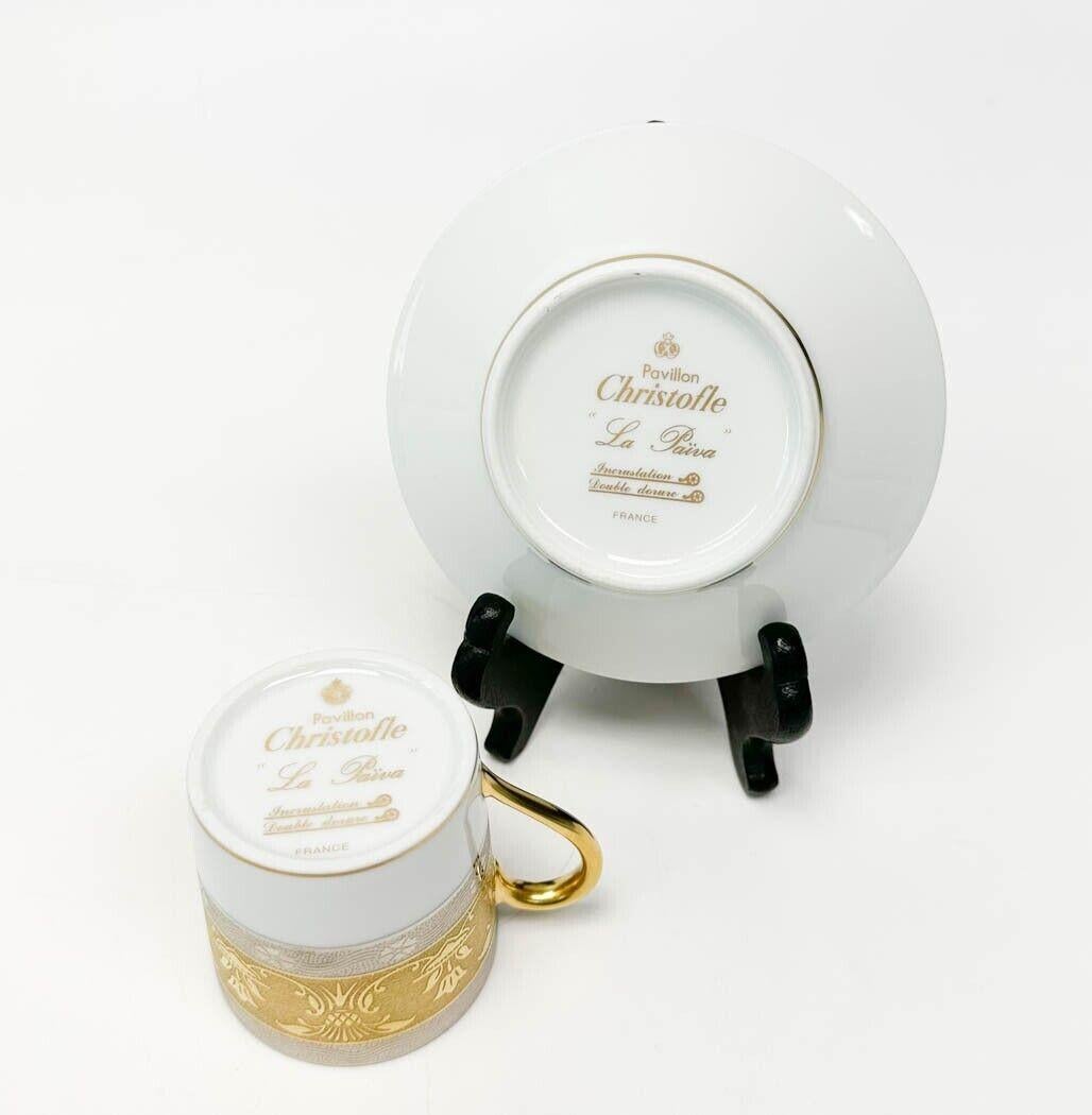  9 Christofle France La Paiva Gilt & Platinum Porcelain Demitasse Cup & Saucers For Sale 1