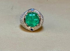 9 Ct Cushion Colombian Emerald & Diamond 2.5 Ct Ring Platinum Ring, Estate