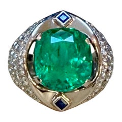 9 Ct Cushion Colombian Emerald & Diamond 2.5 Ct Ring Platinum Ring, Estate