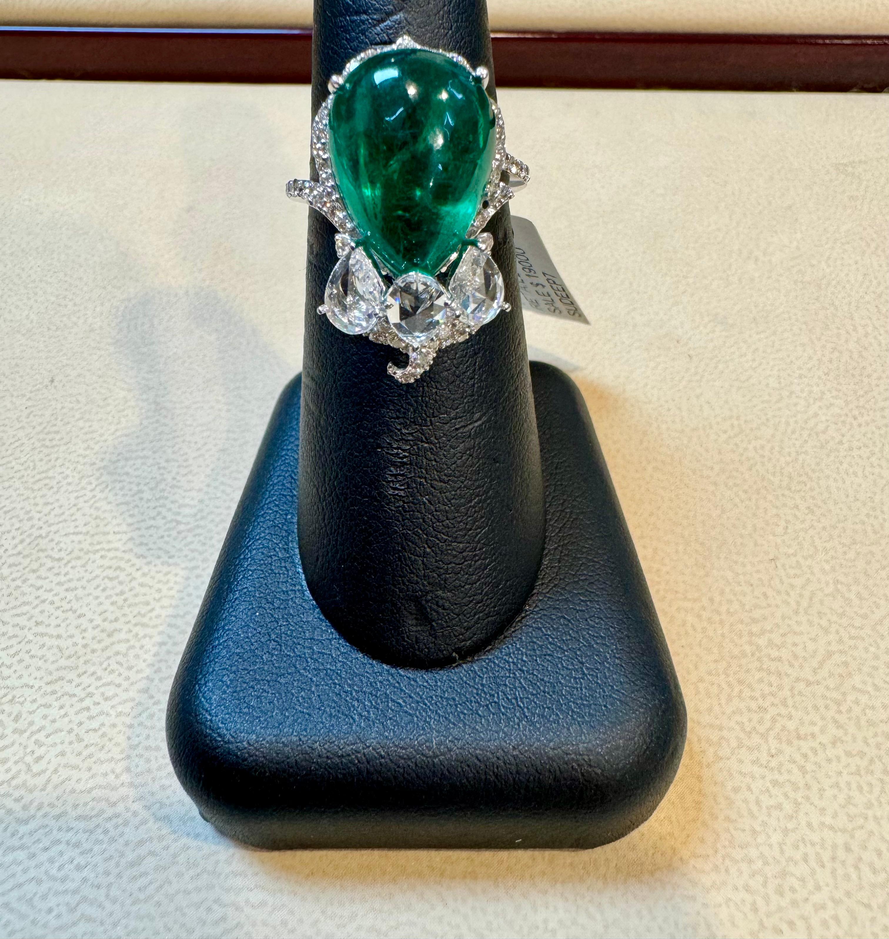 9 Ct Finest Zambian Sugar Loaf Emerald & 2 Ct Rose Cut Diamond Ring Size 7 For Sale 7