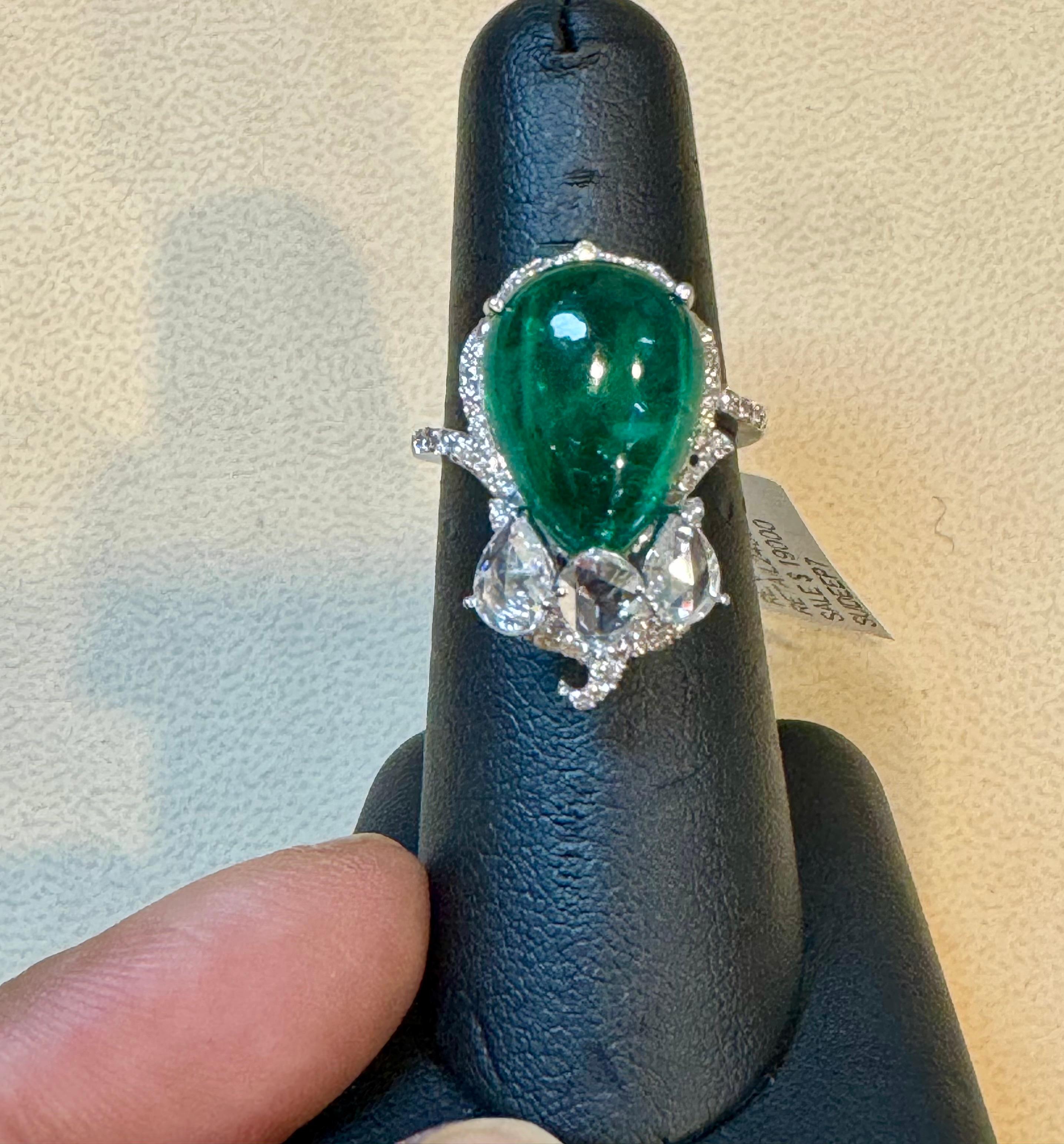 9 Ct Finest Zambian Sugar Loaf Emerald & 2 Ct Rose Cut Diamond Ring Size 7 For Sale 8