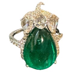 9 Ct Finest Zambian Sugar Loaf Emerald & 2 Ct Rose Cut Diamond Ring Size 7