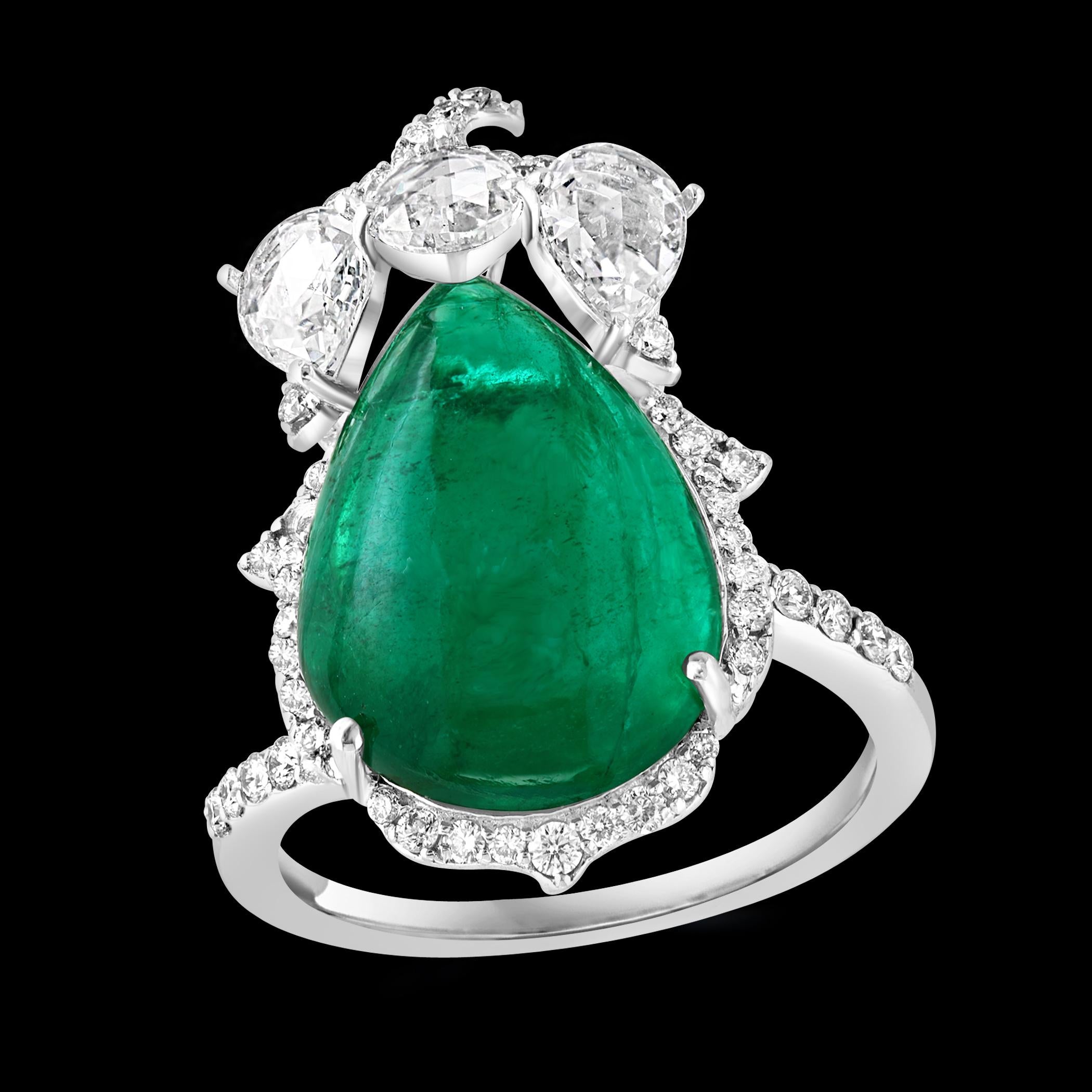 Sugarloaf Cabochon 9 Ct Finest Zambian Sugar Loaf Emerald & 2 Ct Rose Cut Diamond Ring Size 7 For Sale