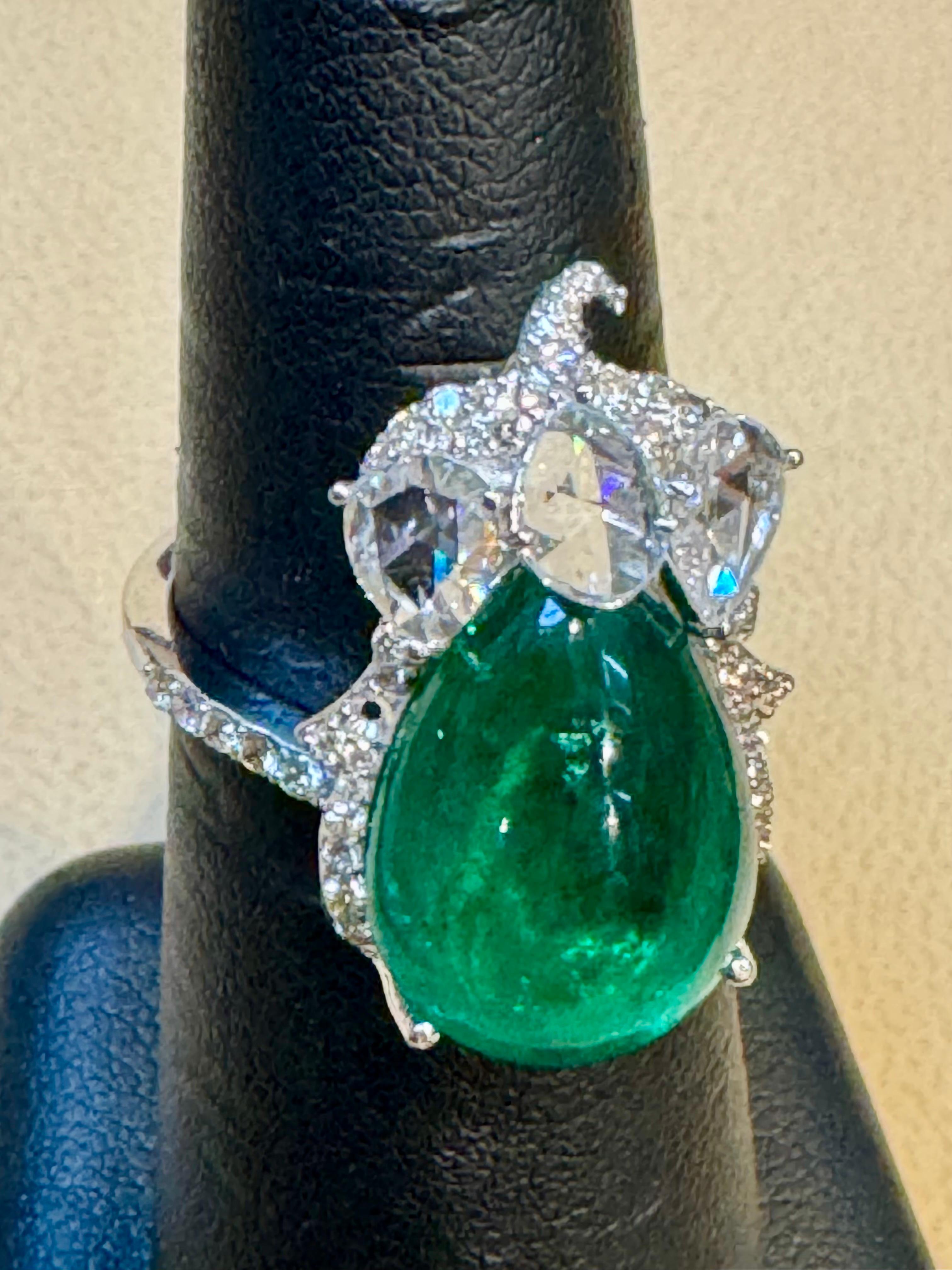 Women's 9 Ct Finest Zambian Sugar Loaf Emerald & 2 Ct Rose Cut Diamond Ring Size 7 For Sale