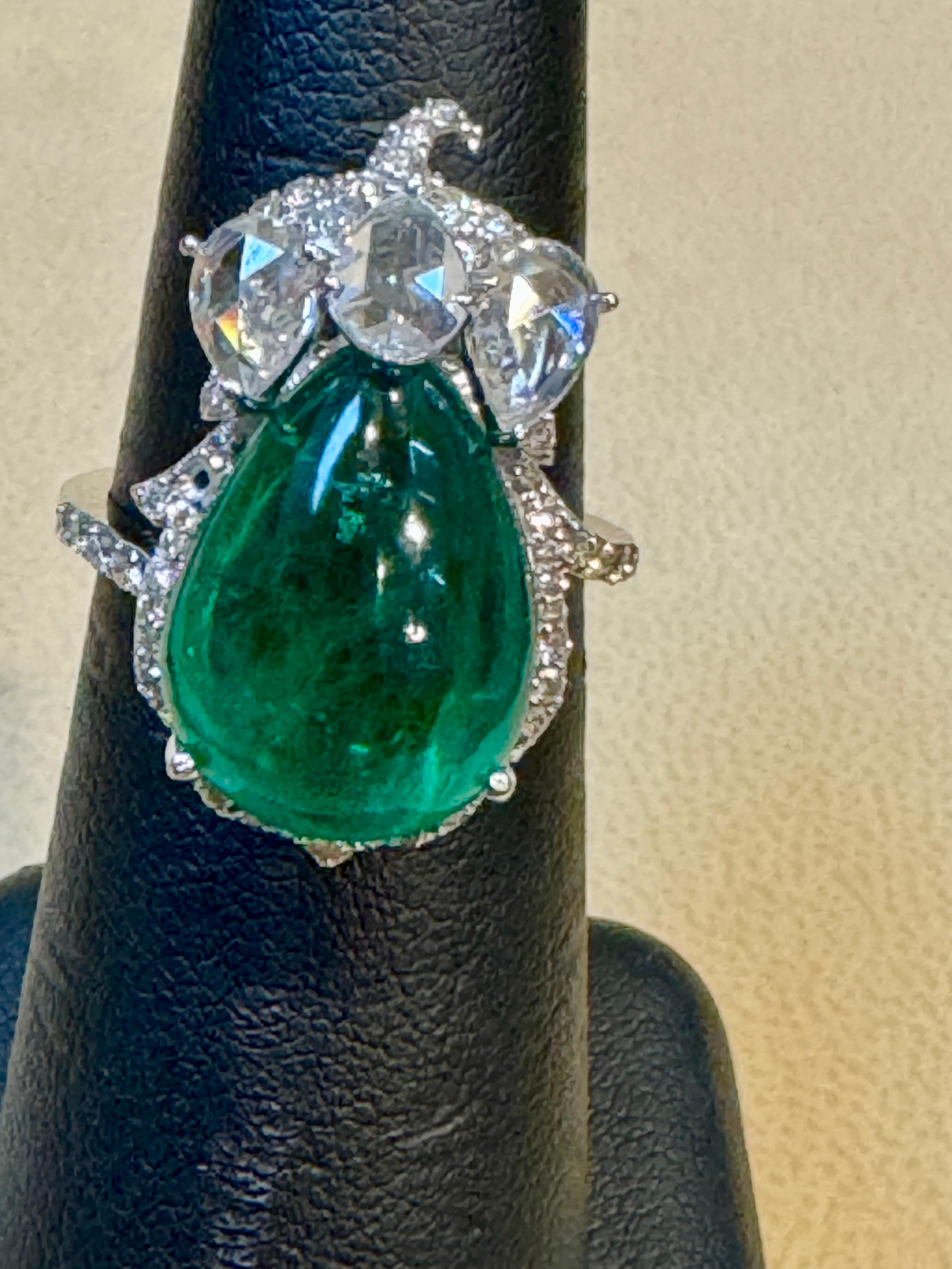 9 Ct Finest Zambian Sugar Loaf Emerald & 2 Ct Rose Cut Diamond Ring Size 7 For Sale 1