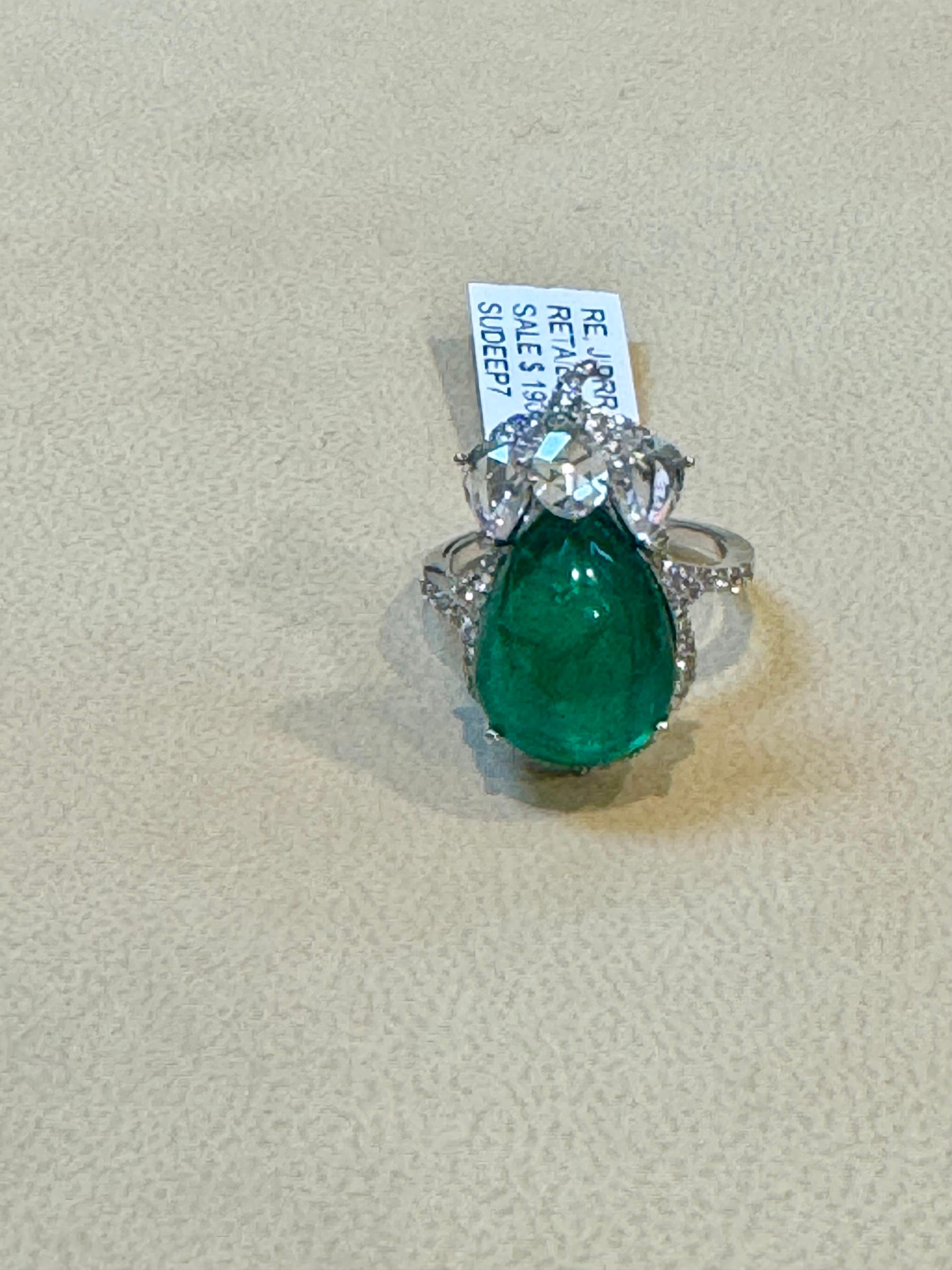 9 Ct Finest Zambian Sugar Loaf Emerald & 2 Ct Rose Cut Diamond Ring Size 7 For Sale 2