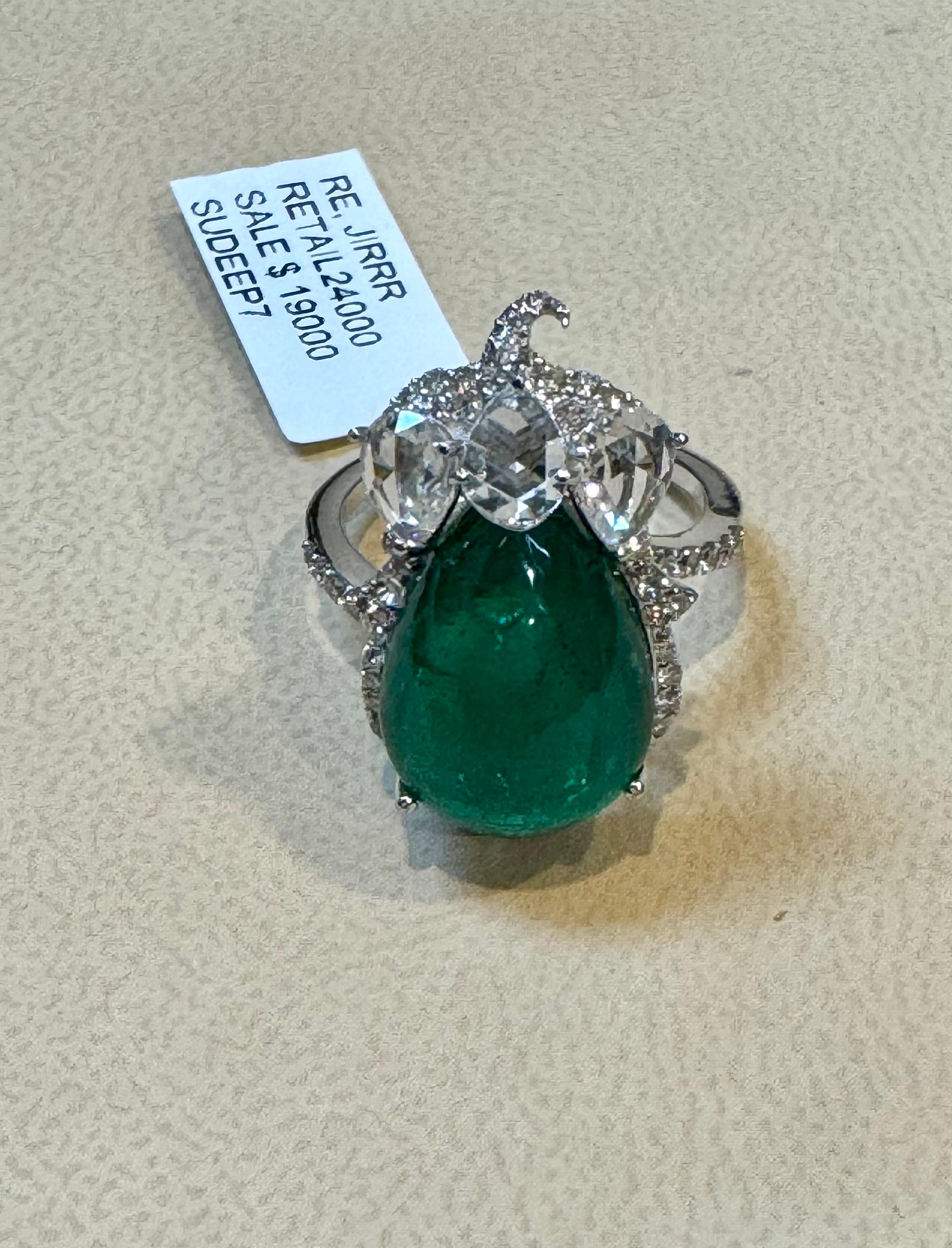 9 Ct Finest Zambian Sugar Loaf Emerald & 2 Ct Rose Cut Diamond Ring Size 7 For Sale 4