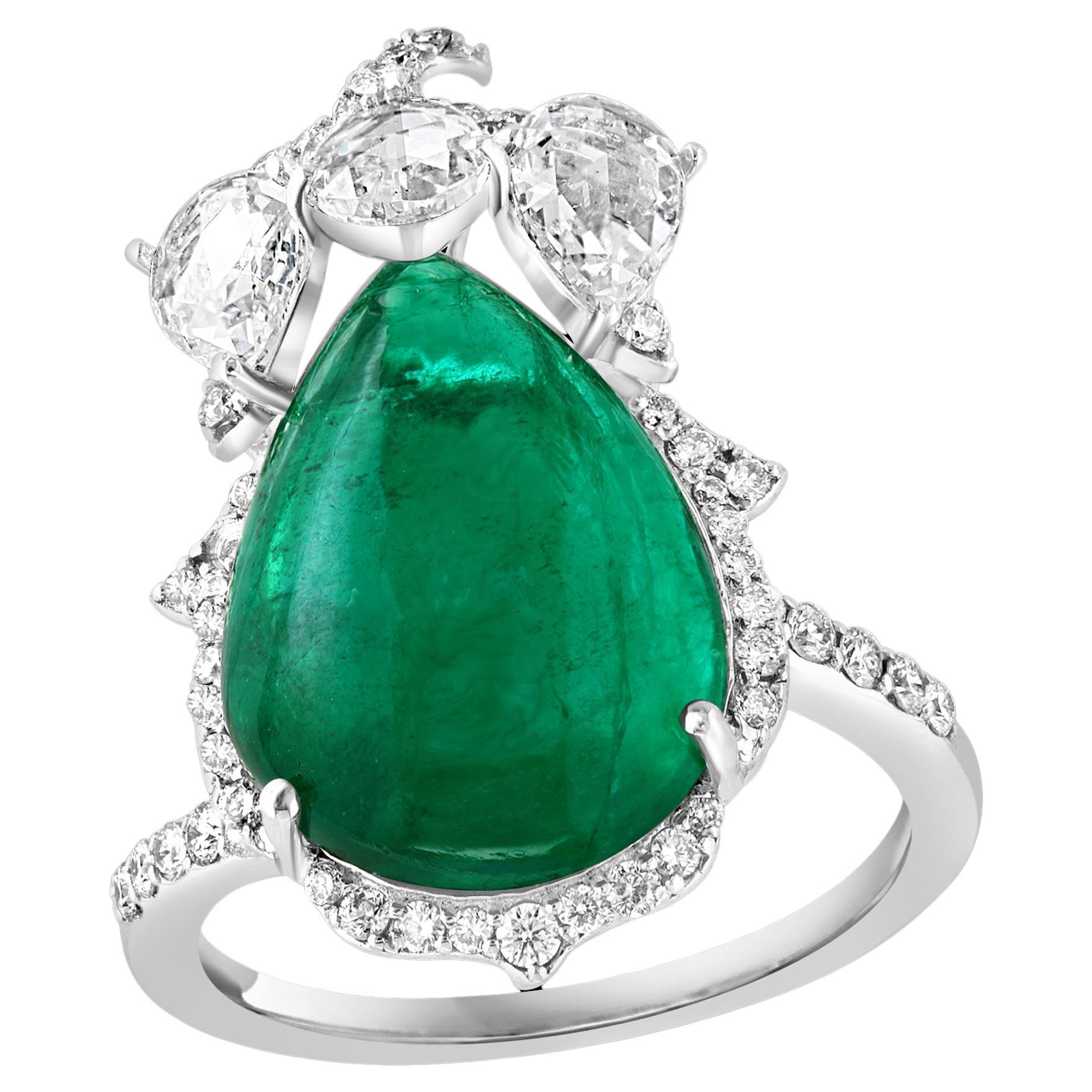 9 Ct Finest Zambian Sugar Loaf Emerald & 2 Ct Rose Cut Diamond Ring Size 7 For Sale