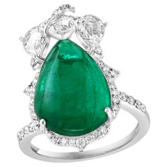 9 Ct Finest Zambian Sugar Loaf Emerald & 2 Ct Rose Cut Diamond Ring Size 7