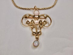 9 Ct Gold Opal and Seed Pearl Pendant on 9 Ct Chain Dated Circa 1900