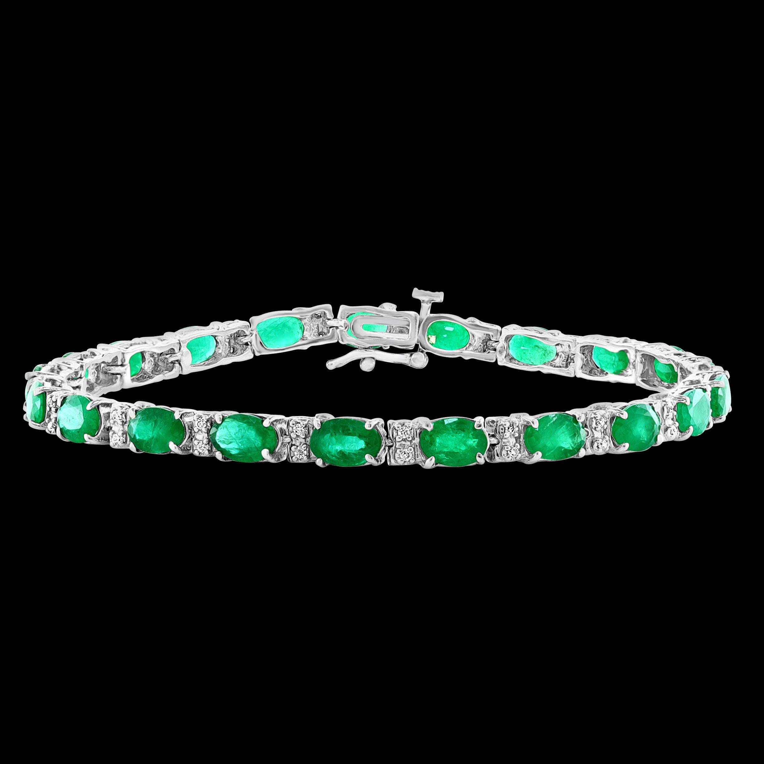  This exceptionally affordable Tennis  bracelet has  21 stones of oval  Emeralds  . Each Emerald is spaced by two diamonds . Total weight of the Emeralds is  approximately 9 carat. Total number of diamonds are 42  and diamond weighs is 0.80 ct.
The