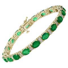 9 Ct Natural Brazilian Emerald and Diamond Tennis Bracelet 14 Karat Yellow Gold