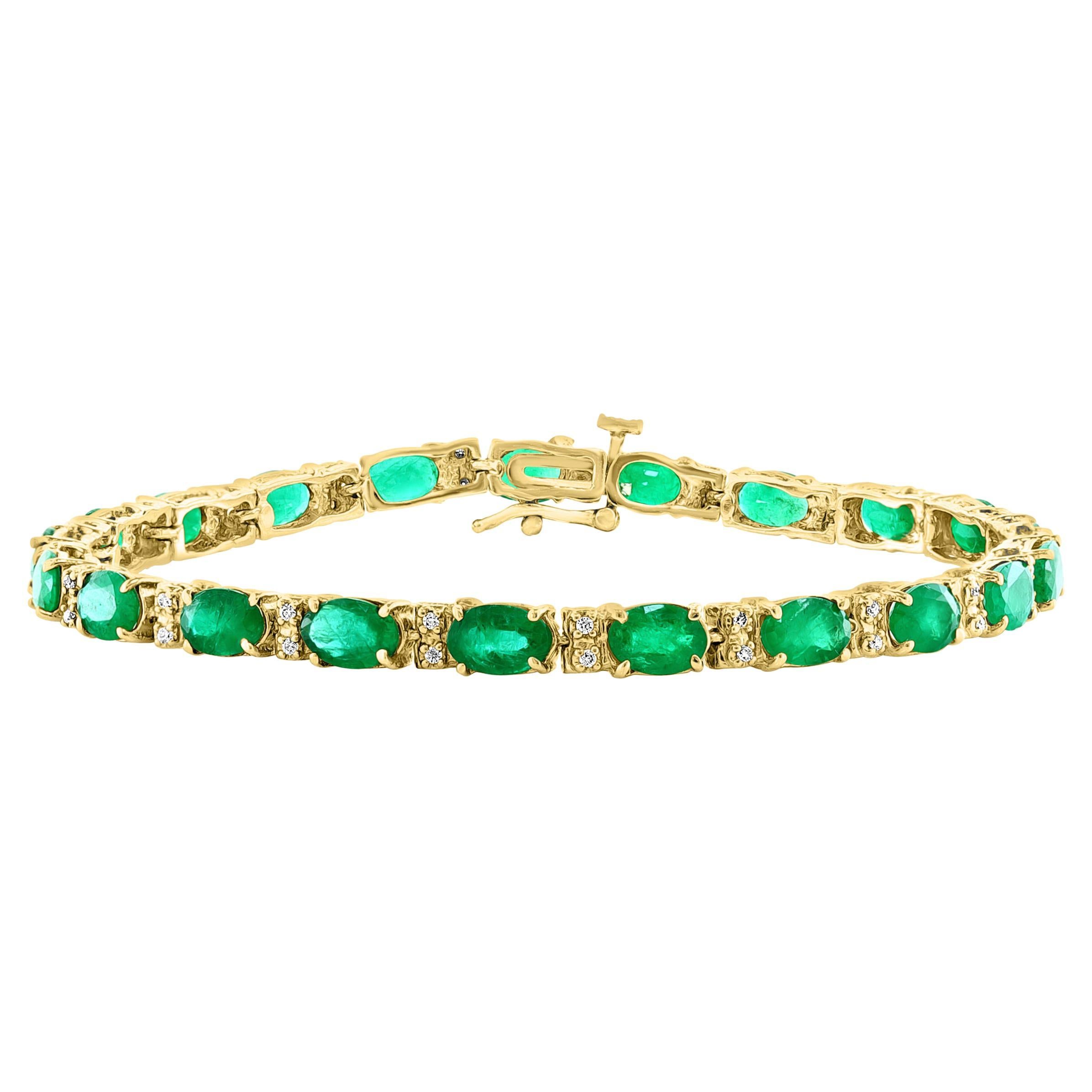 9 Ct Natural Brazilian Emerald and Diamond Tennis Bracelet 14 Karat Yellow Gold For Sale
