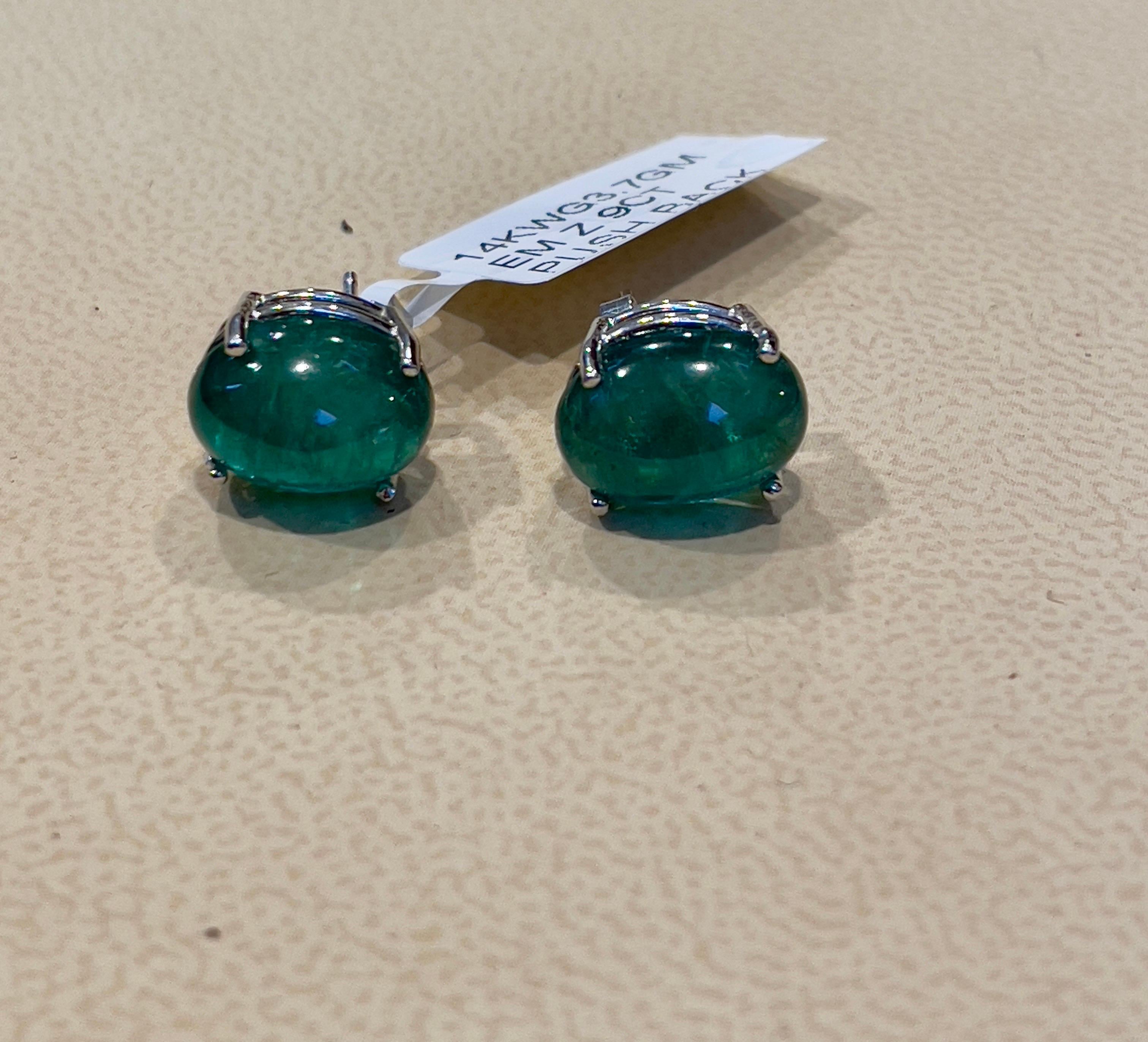 Approximately 9 Ct Natural Emerald Zambia Cabochon  Stud Earring 14 Karat White Gold Push Back
Natural stones , not enhanced
Each  Emerald is about 4.5 carat 
Very desirable color and quality. Nice color and clarity.
perfect matching pair made in 14