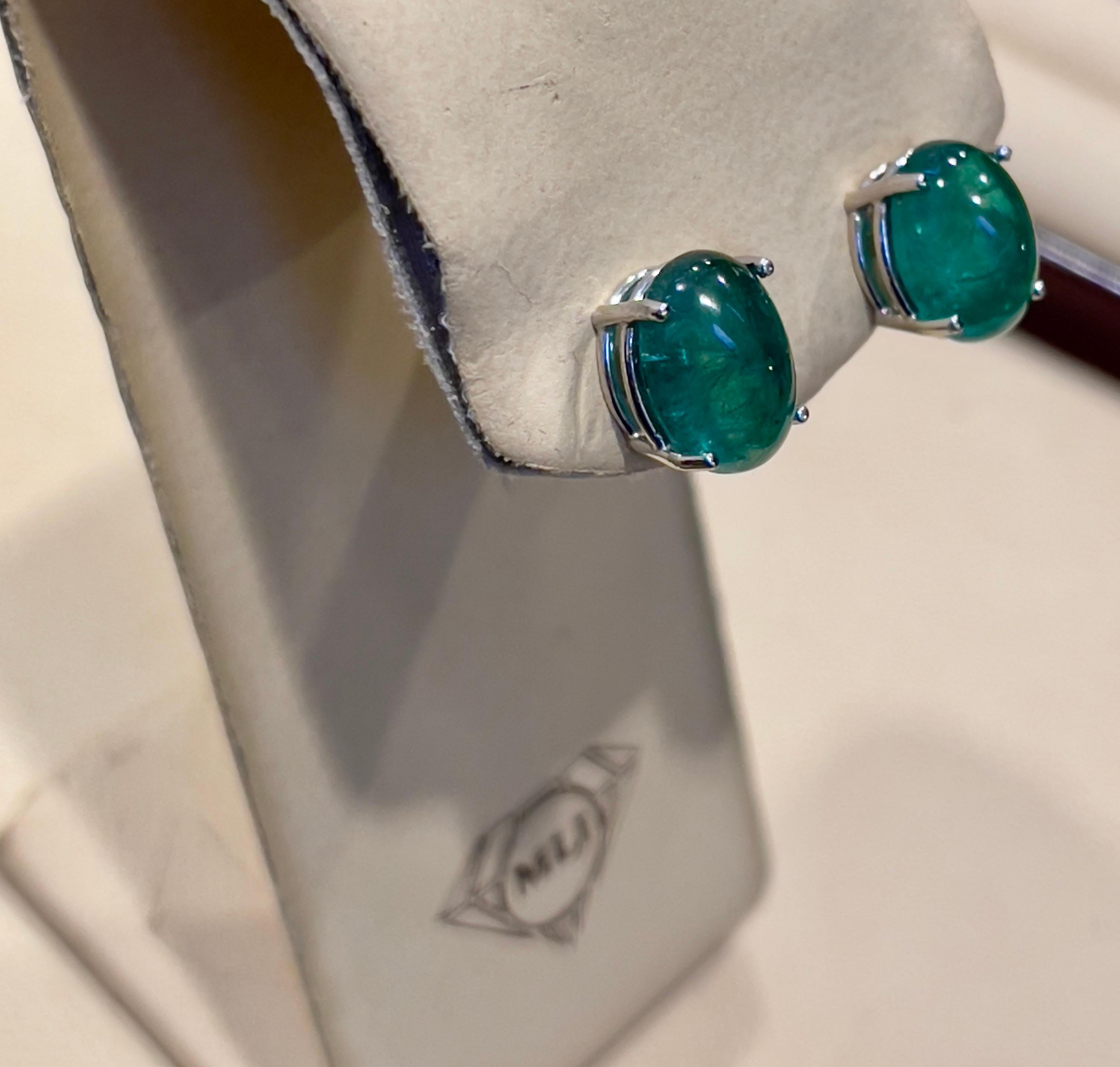 9 Ct Natural Emerald Zambia Cabochon Stud Earring 14 Karat White Gold Push Back 1