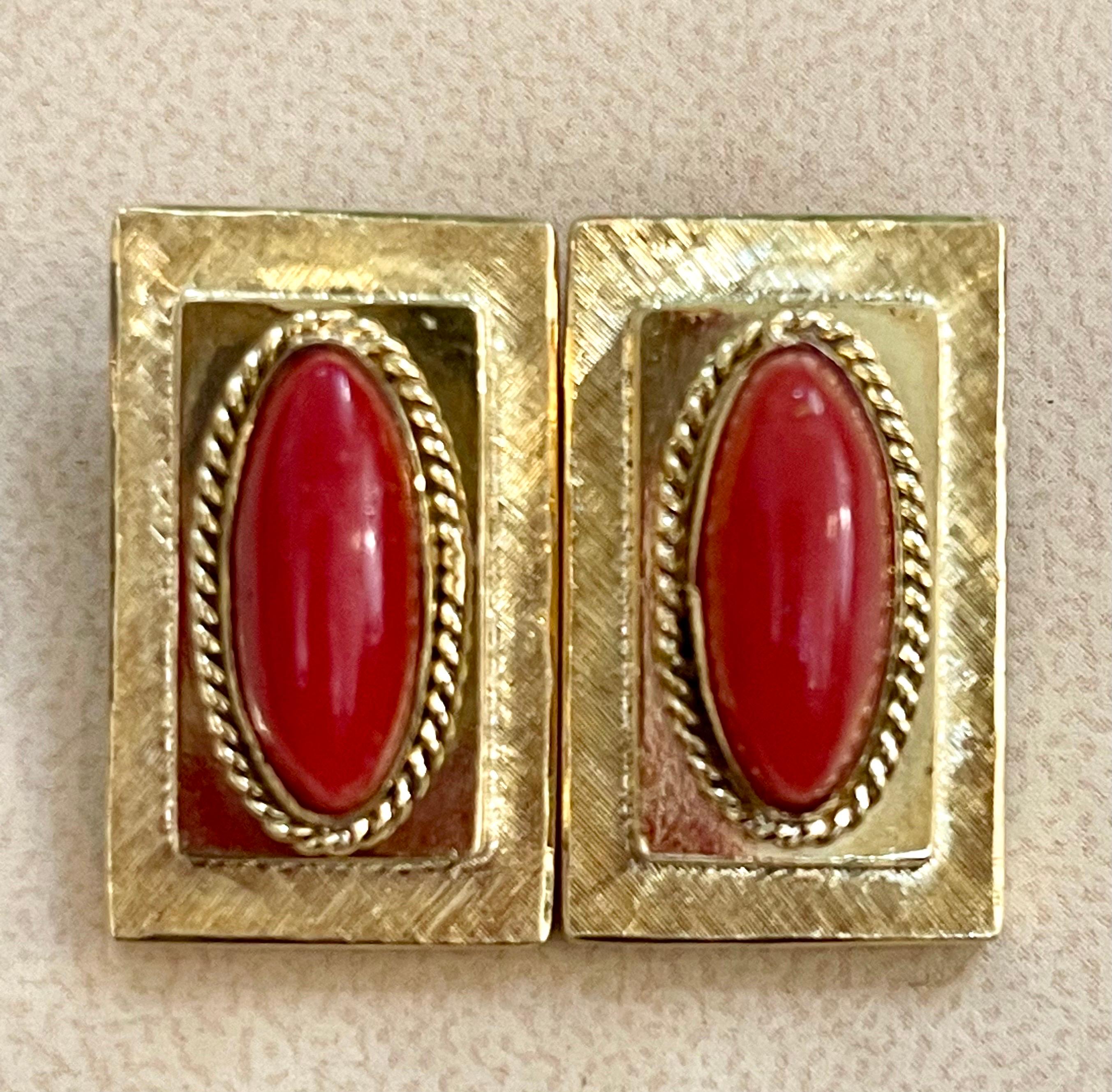 Women's 9 Ct Natural Red Coral Large Stud Earring in 18 Karat Yellow Gold, Clip on