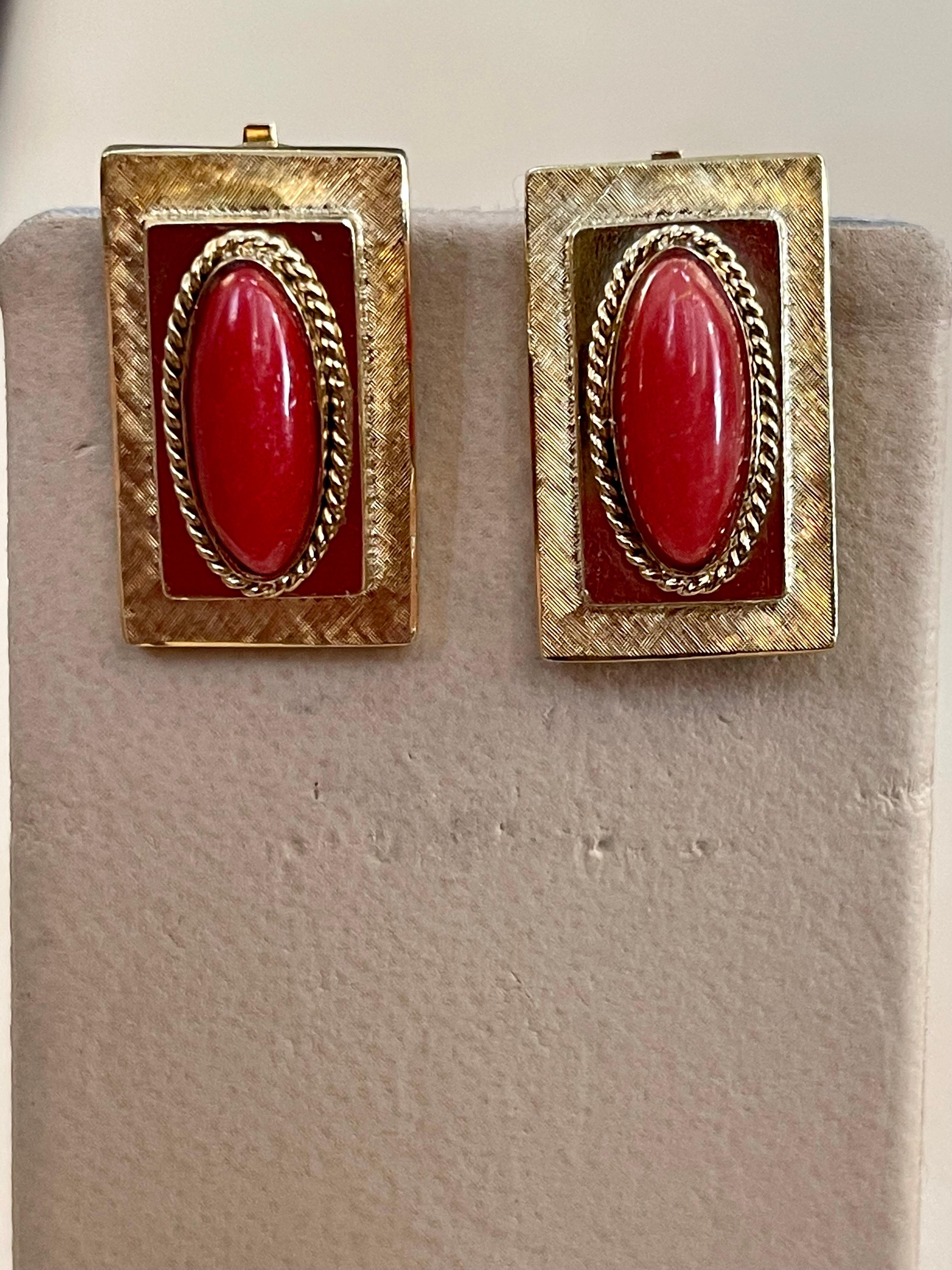 9 Ct Natural Red Coral Large Stud Earring in 18 Karat Yellow Gold, Clip on 1