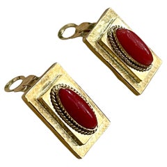 9 Ct Natural Red Coral Large Stud Earring in 18 Karat Yellow Gold, Clip on