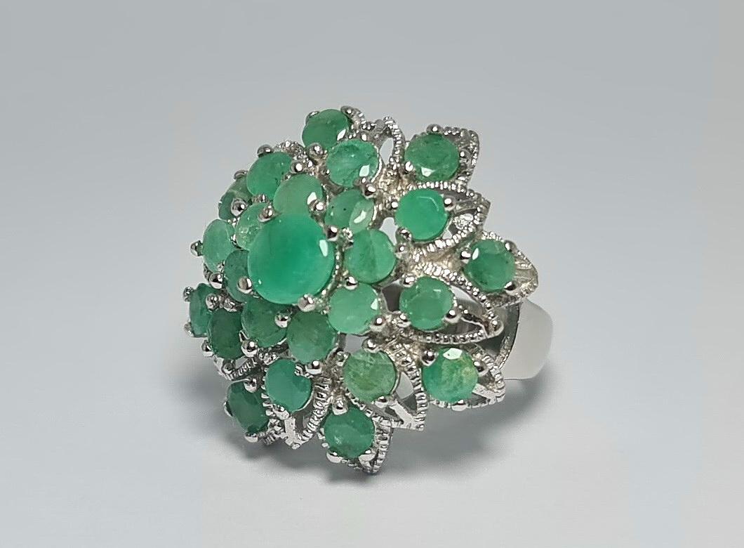 Natural Emerald over 9CTs Fire Burst Ring  in pure .925 Sterling Silver with Rhodium Plating