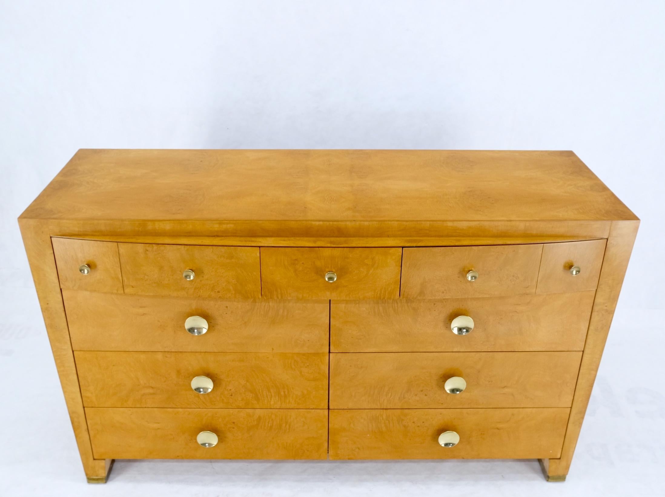 9 Drawers Art Deco Mid-Century Modern Burl Wood Bow Front Dresser Brass Pulls For Sale 9