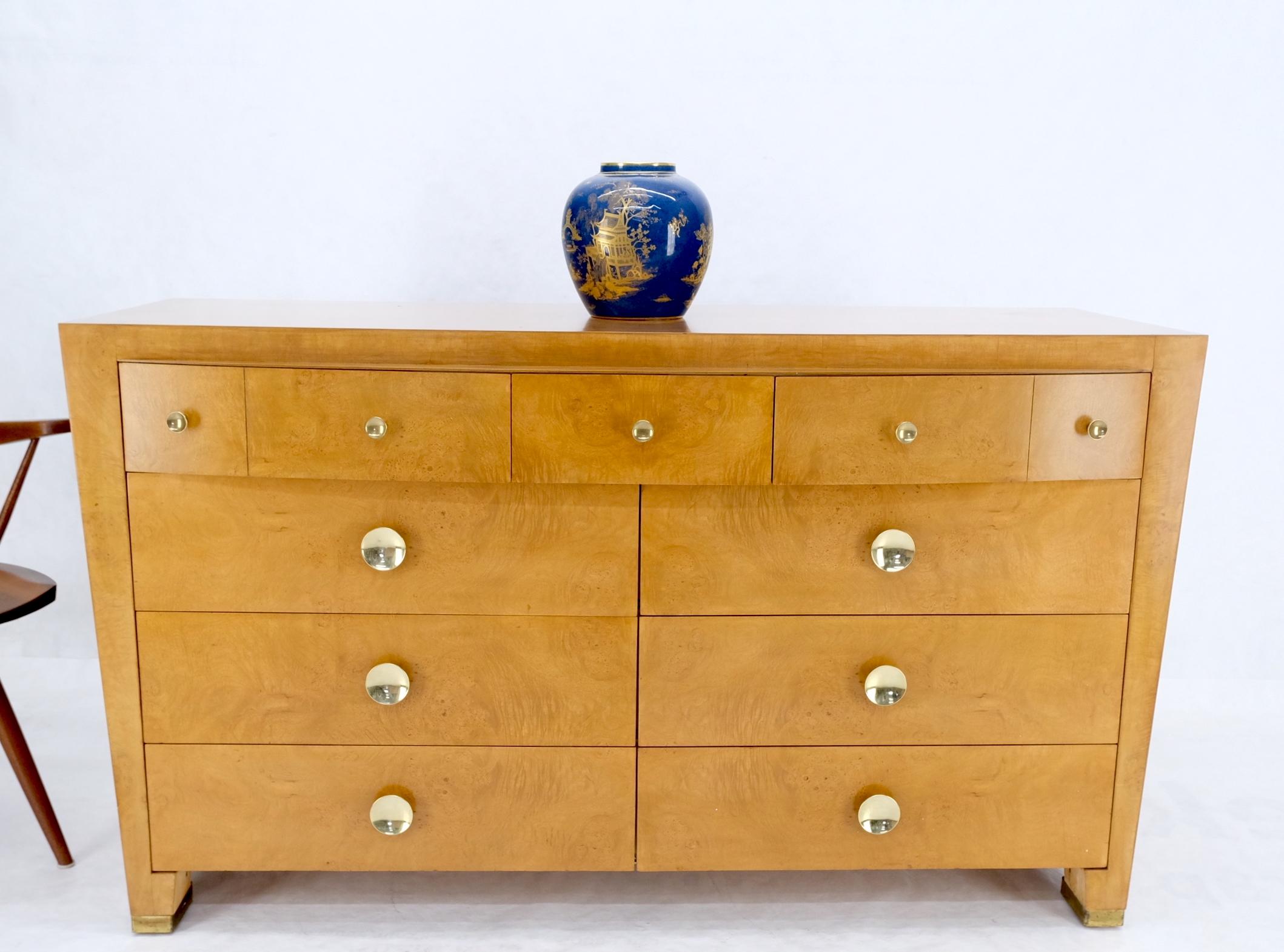9 Drawers Art Deco Mid-Century Modern Burl Wood Bow Front Dresser Brass Pulls  For Sale 12