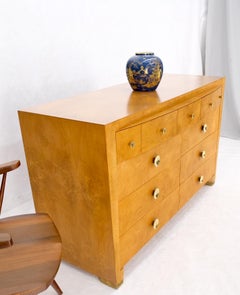 9 Drawers Art Deco Mid-Century Modern Burl Wood Bow Front Dresser Brass Pulls